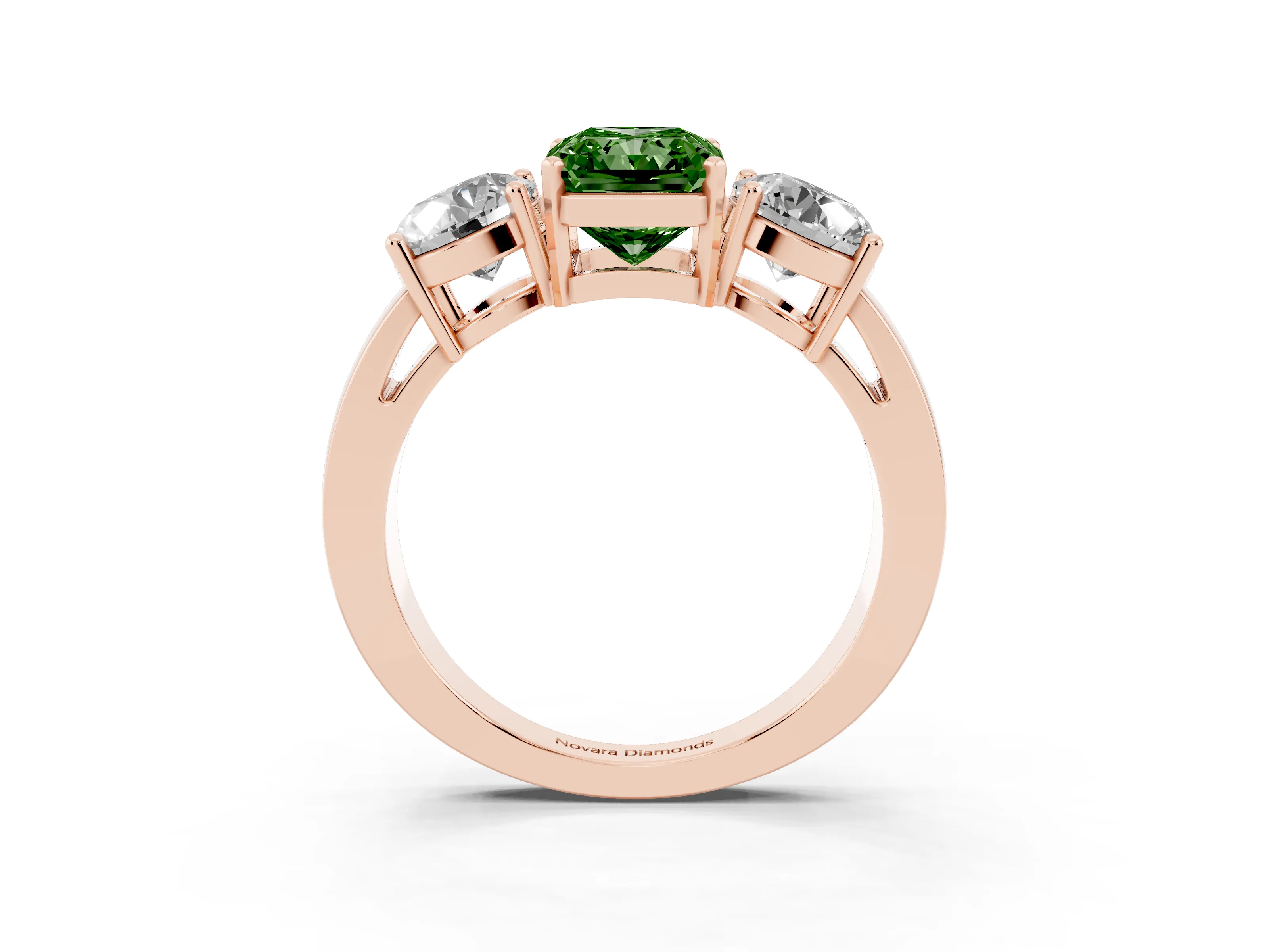 Fancy Green Radiant Cut Diamond Three-Stone Ring Set in Rose gold with Round Side Stones and Classic Band