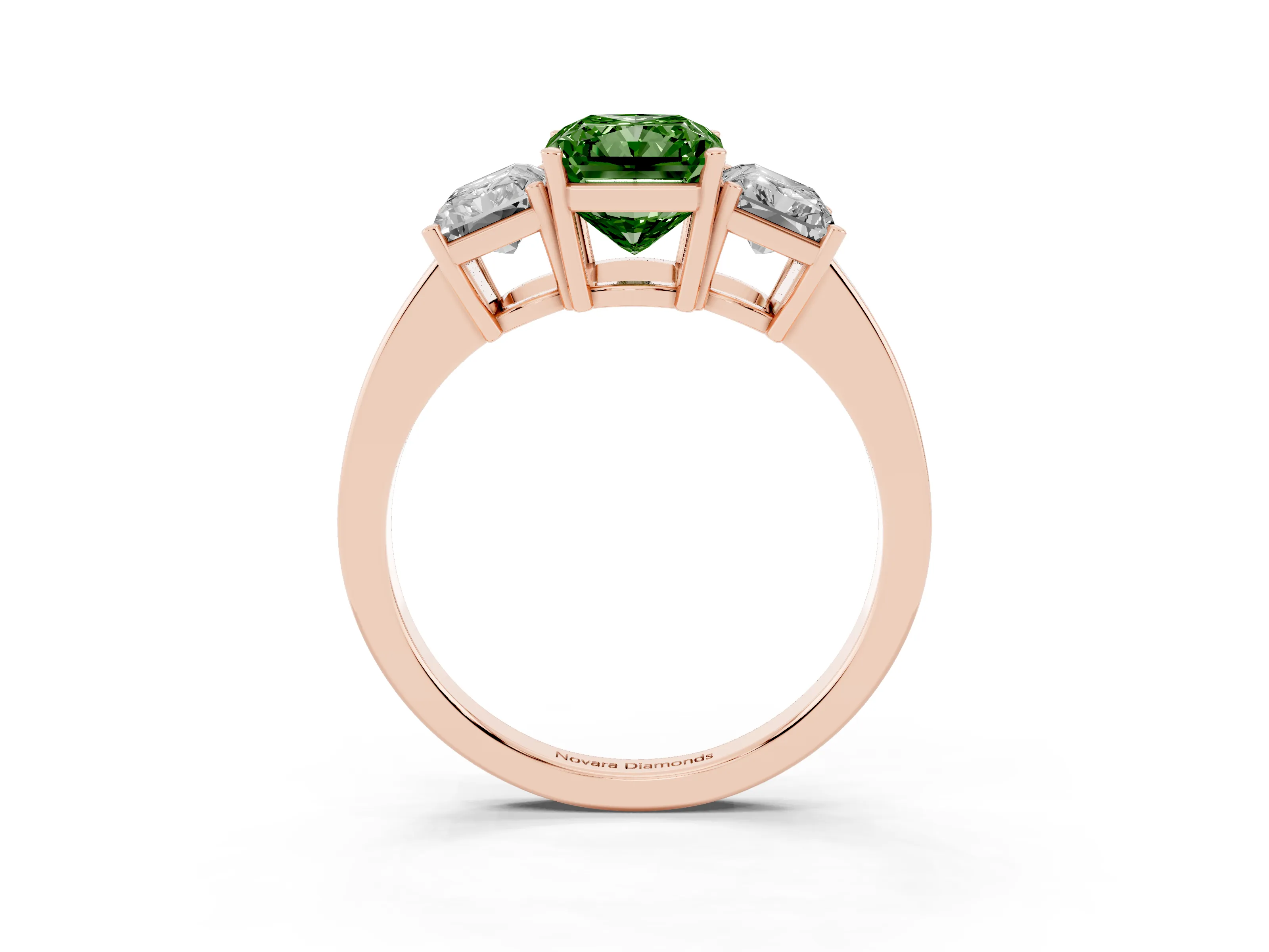 Fancy Green Radiant Cut Diamond Three-Stone Engagement Ring Set in Rose gold with Flat Band