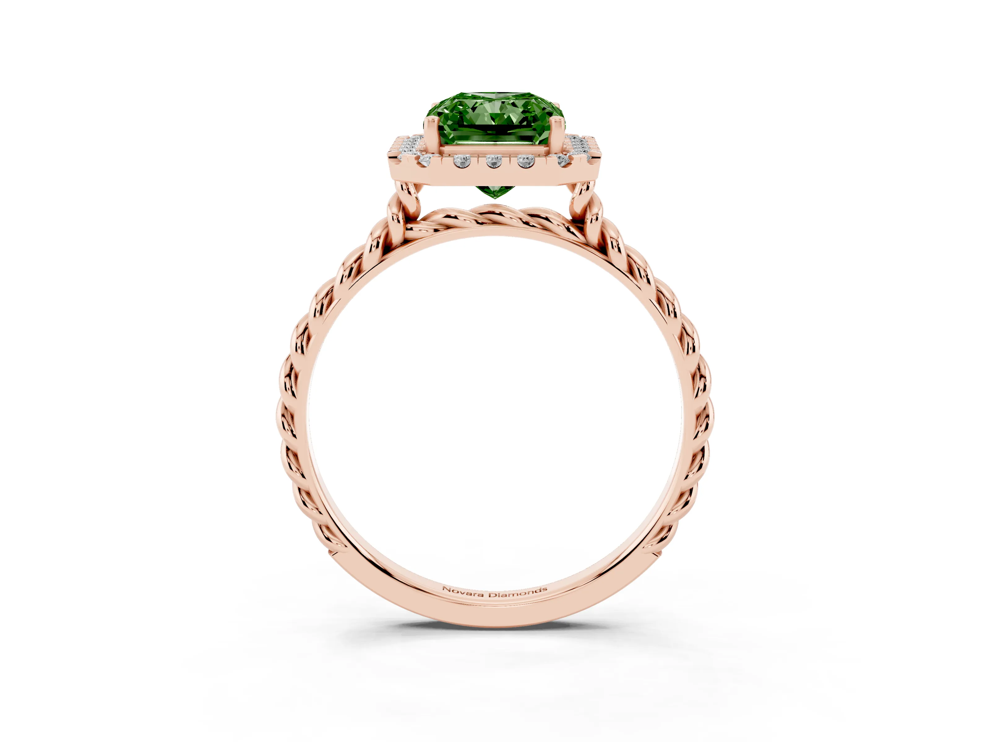 Fancy Green Radiant Cut Diamond Halo Ring Set in Rose gold with Plain Twisted Band