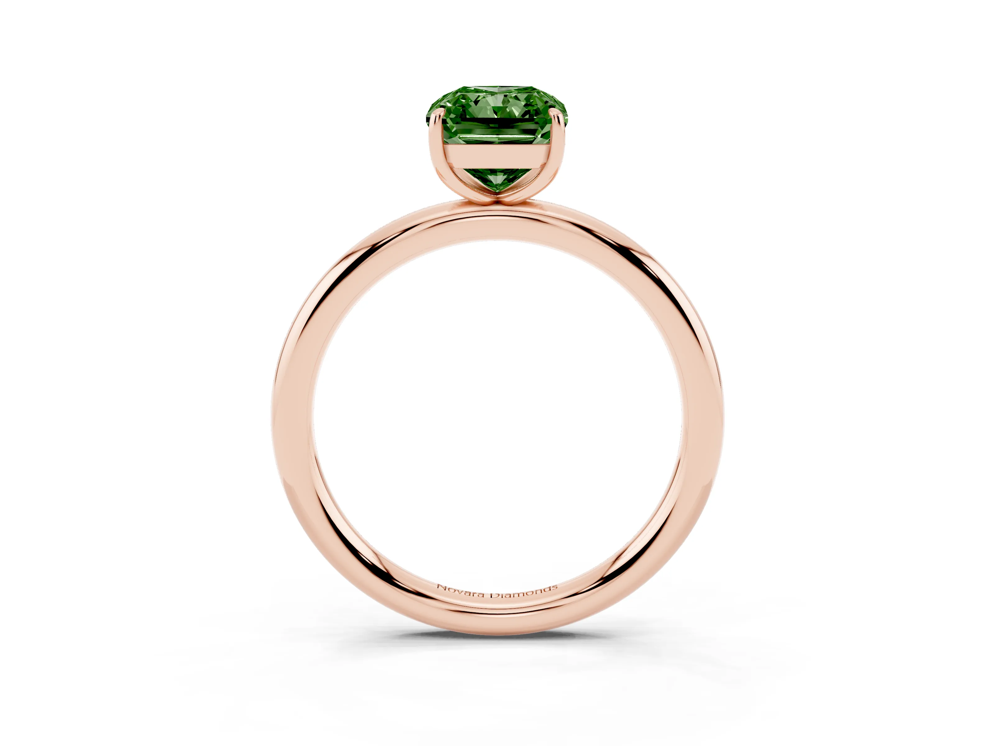 Fancy Green Radiant Cut Diamond Solitaire Ring Set in Rose gold with Prong Setting on a Polished Plain Band