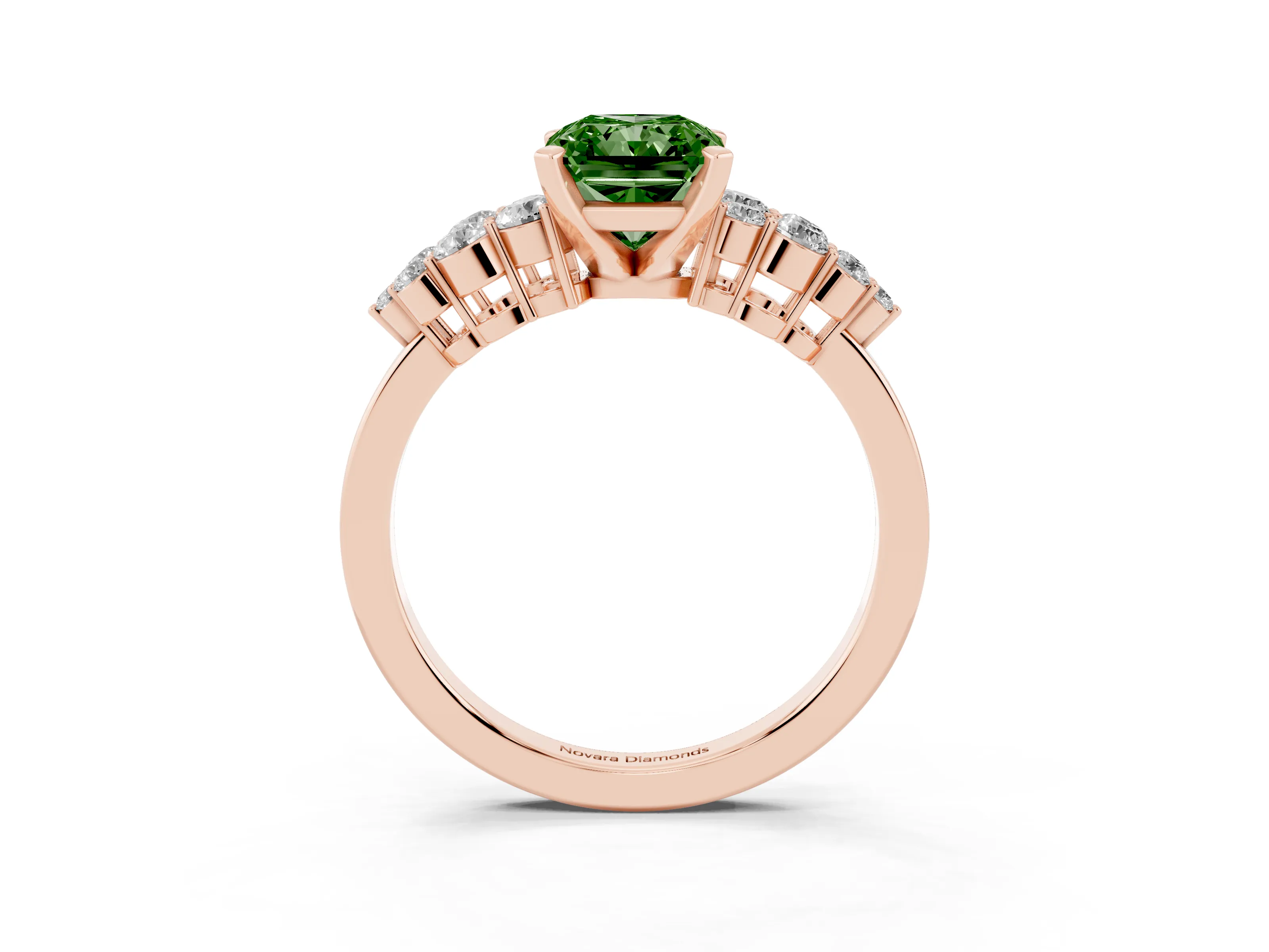 Fancy Green Radiant Cut Diamond Cluster Engagement Ring Set in Rose gold with Pavé Band and Prong Setting