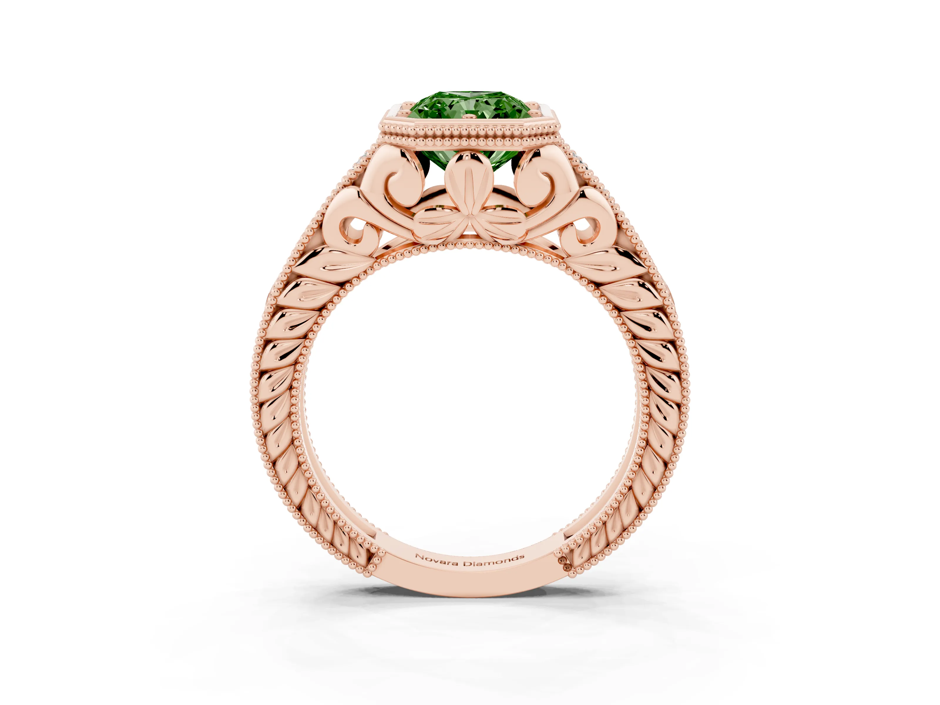 Fancy Green Bezel Set Radiant Cut Diamond Milgrain Pavé Engagement Ring Set in Rose gold