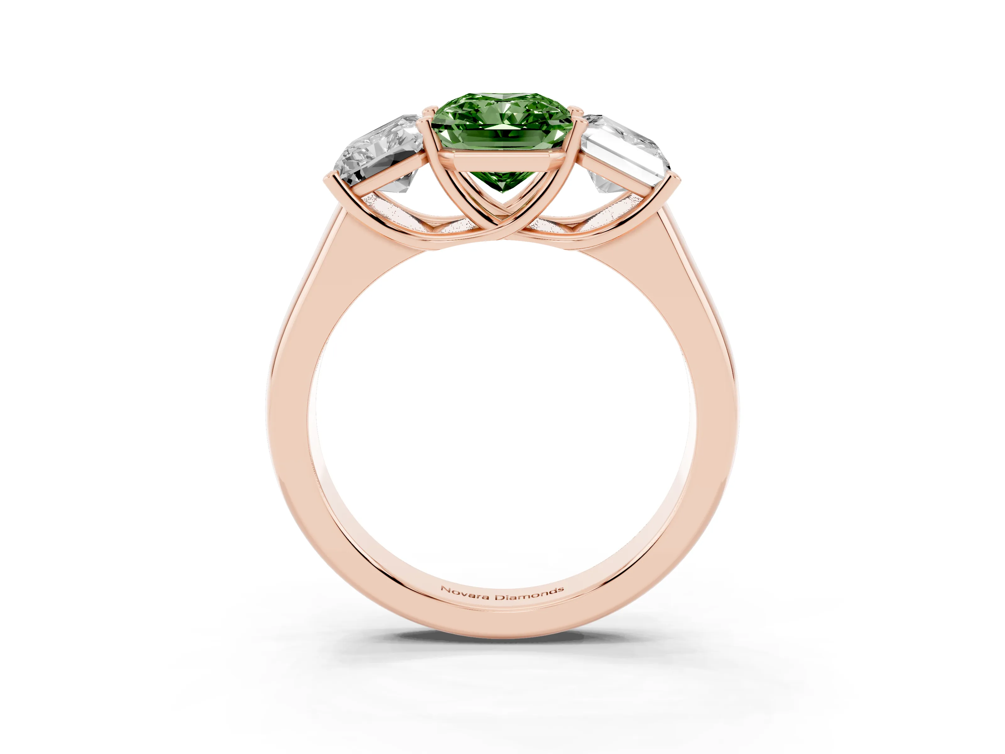 Fancy Green Radiant Cut Diamond Three-Stone Ring Set in Rose gold with Plain Polished Band