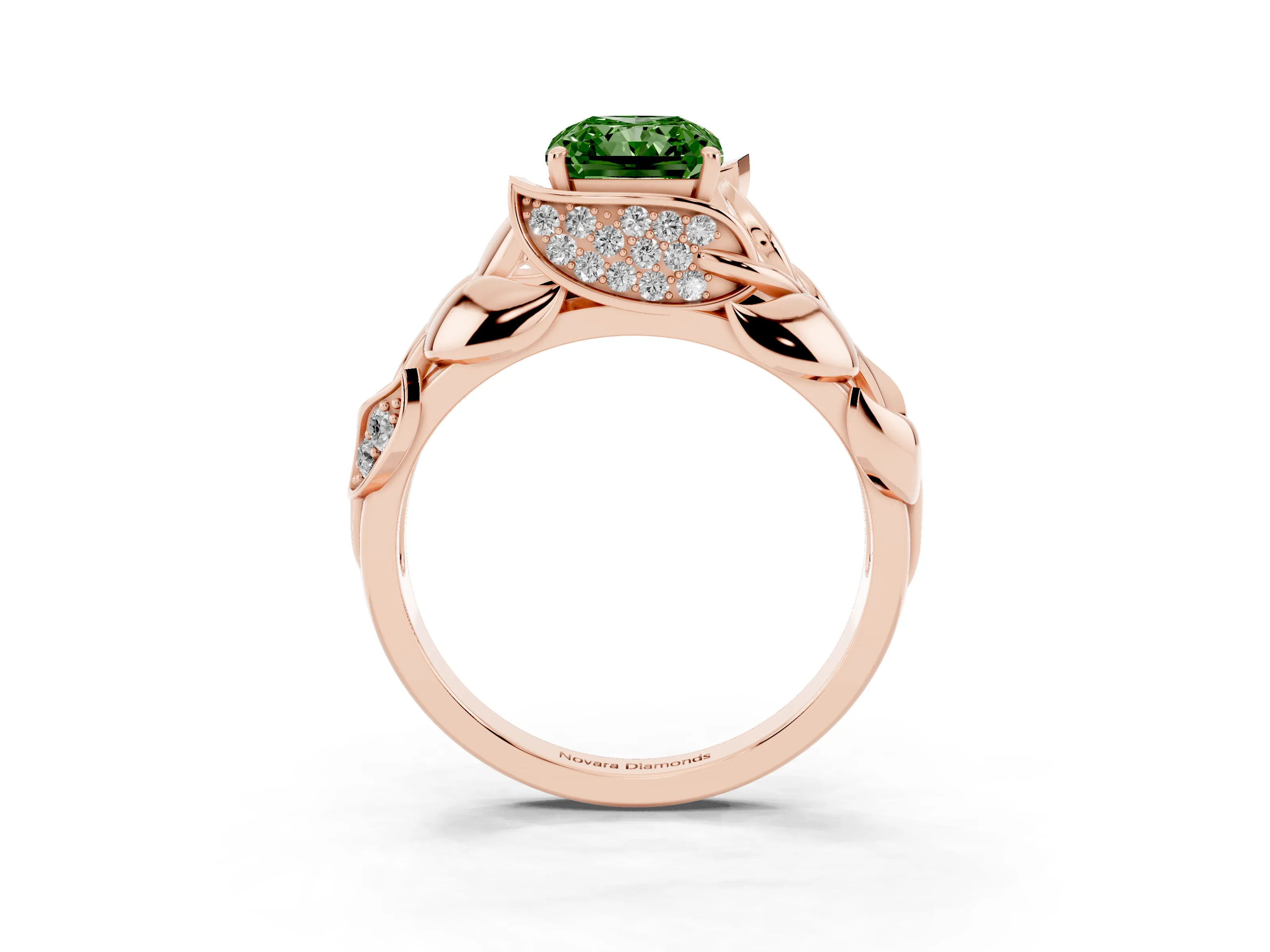 Fancy Green Radiant Cut Diamond Leaf-Inspired Engagement Ring Set in Rose gold with Round Accents