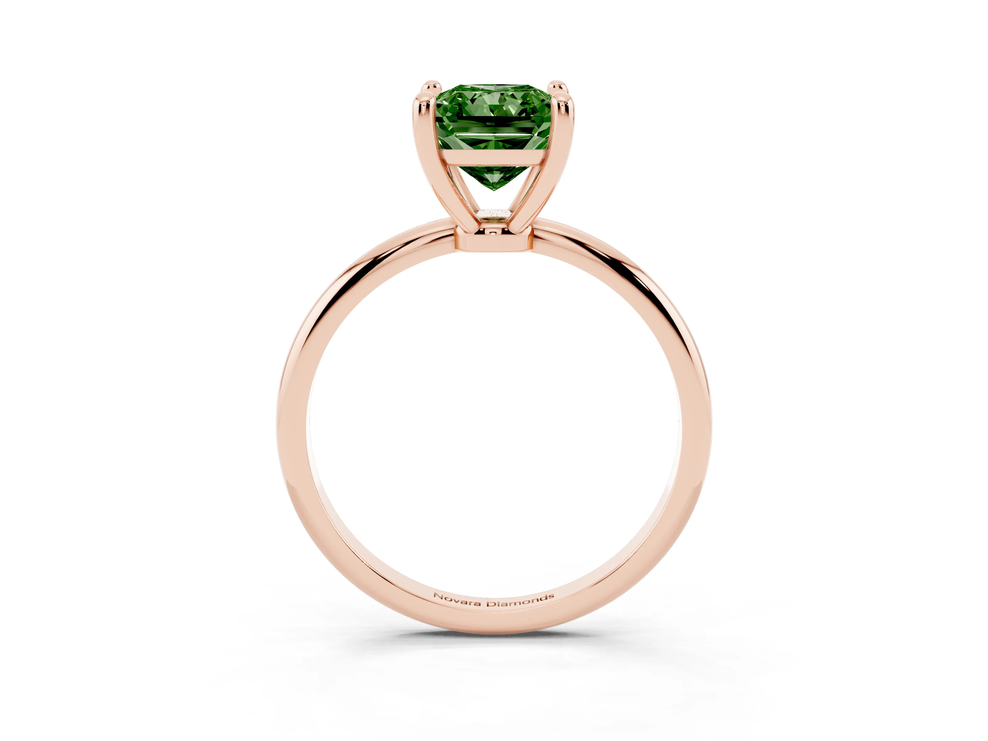 Fancy Green Radiant Cut Diamond Solitaire Ring Set in Rose gold with Secure Prong Setting on a Classic Band