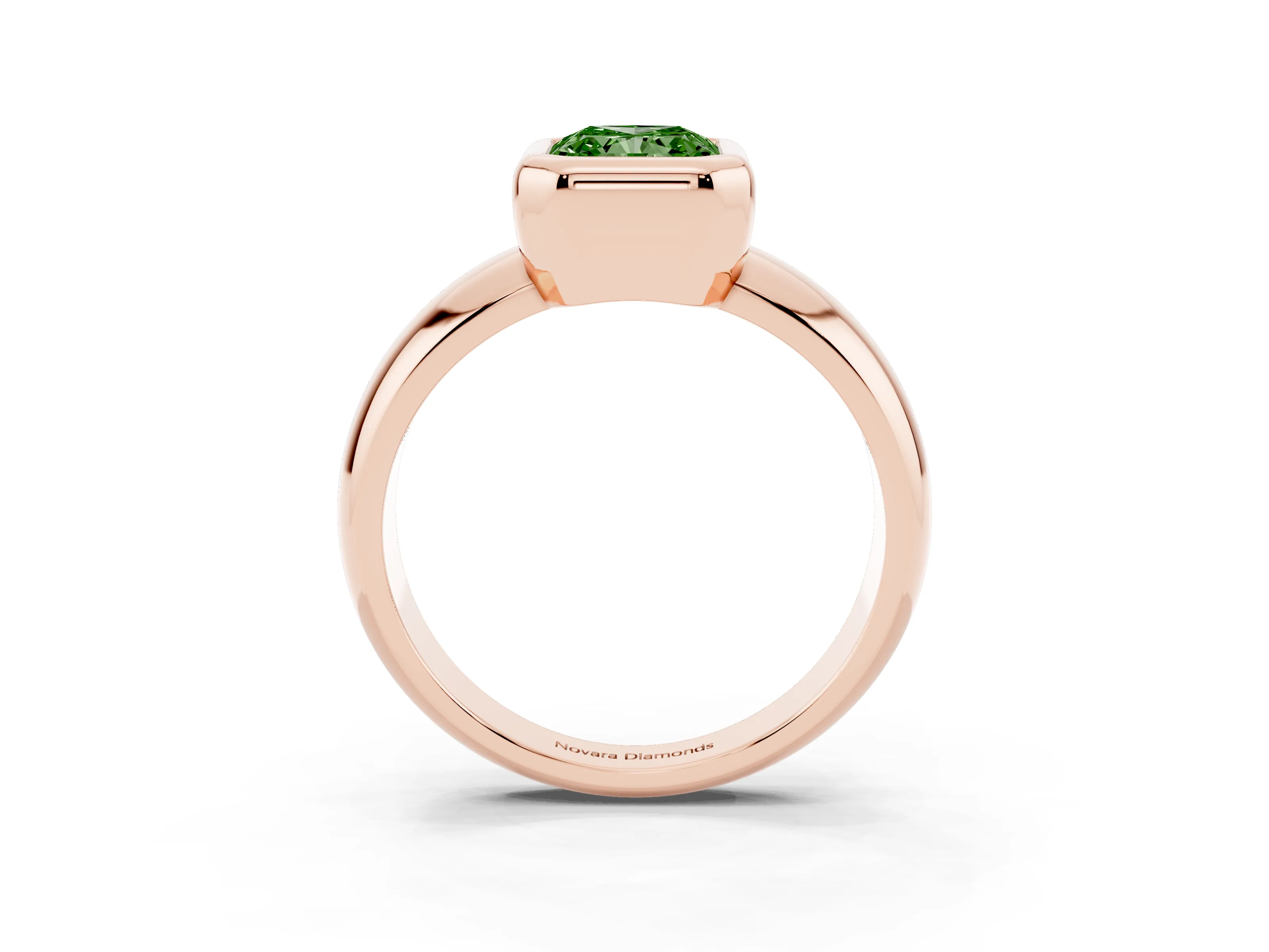 Fancy Green Bezel Set Radiant Cut Diamond Solitaire Ring Set in Rose gold with Wide Band