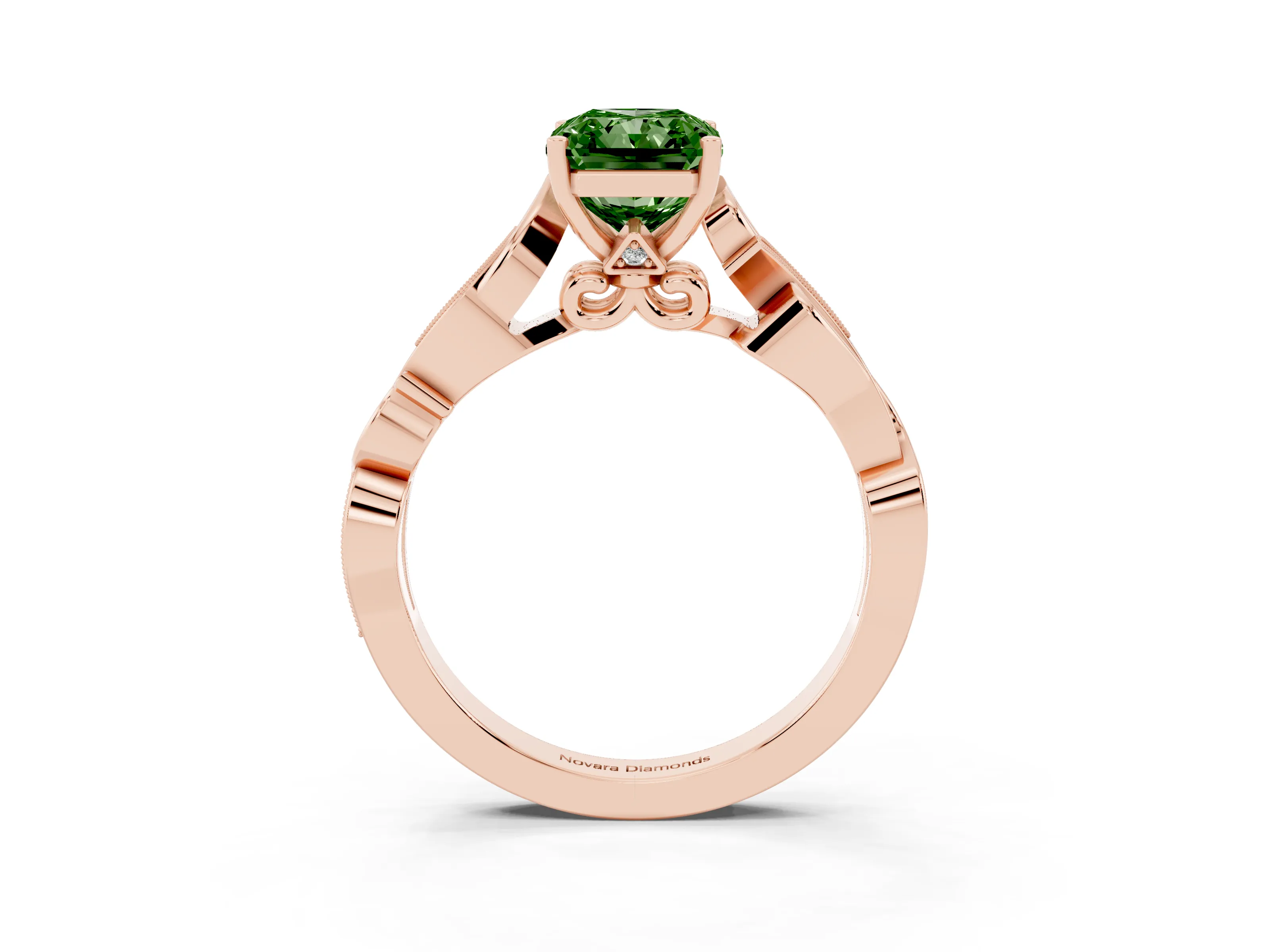 Fancy Green Radiant Cut Diamond Vine Band Solitaire Ring Set in Rose gold with Milgrain Prong Setting