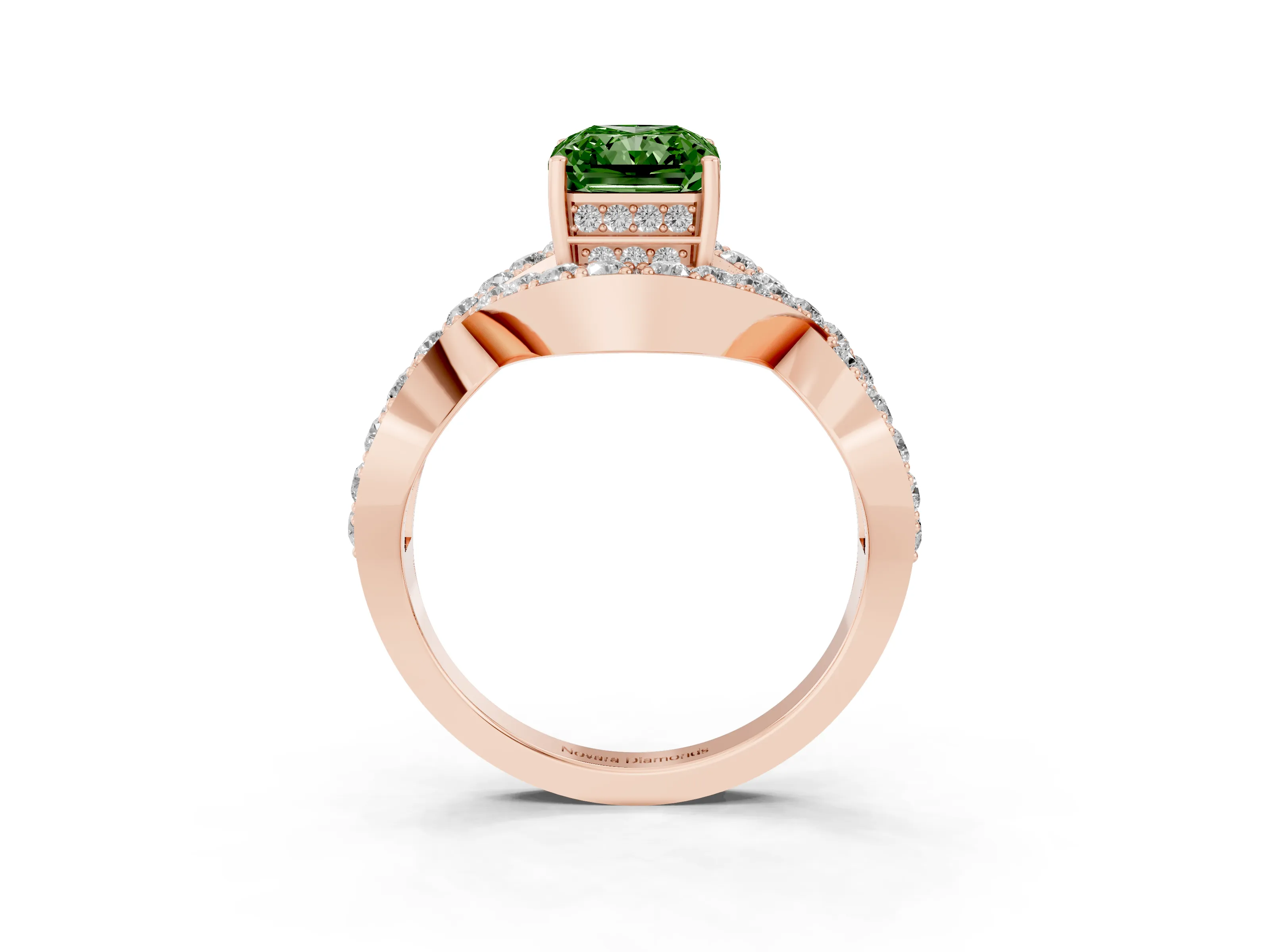 Fancy Green Radiant Cut Diamond Solitaire Twist Band Pavé Engagement Ring Set in Rose gold