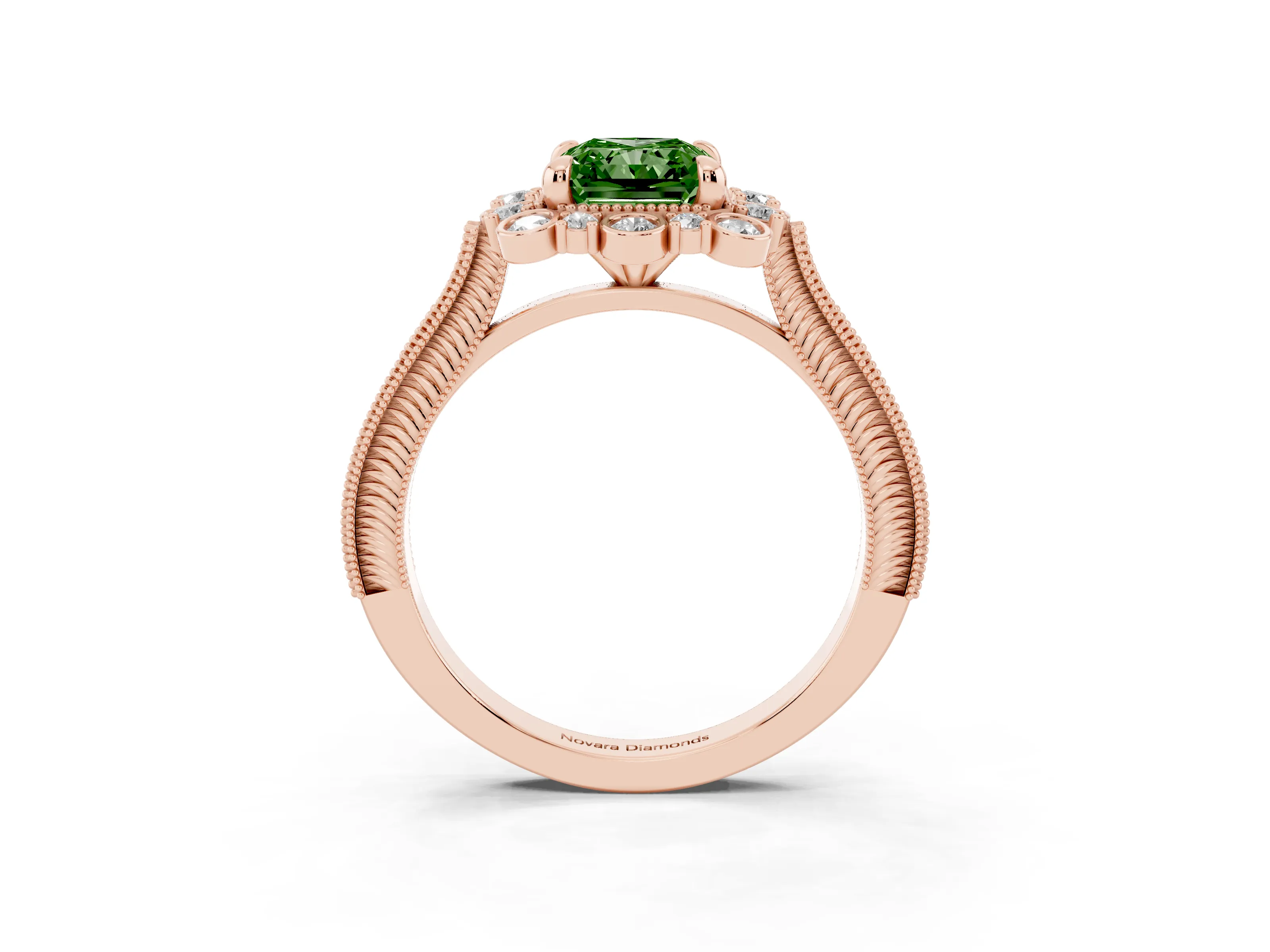Fancy Green Radiant Cut Diamond Halo Milgrain Pavé Ring Set in Rose gold with Prong Setting