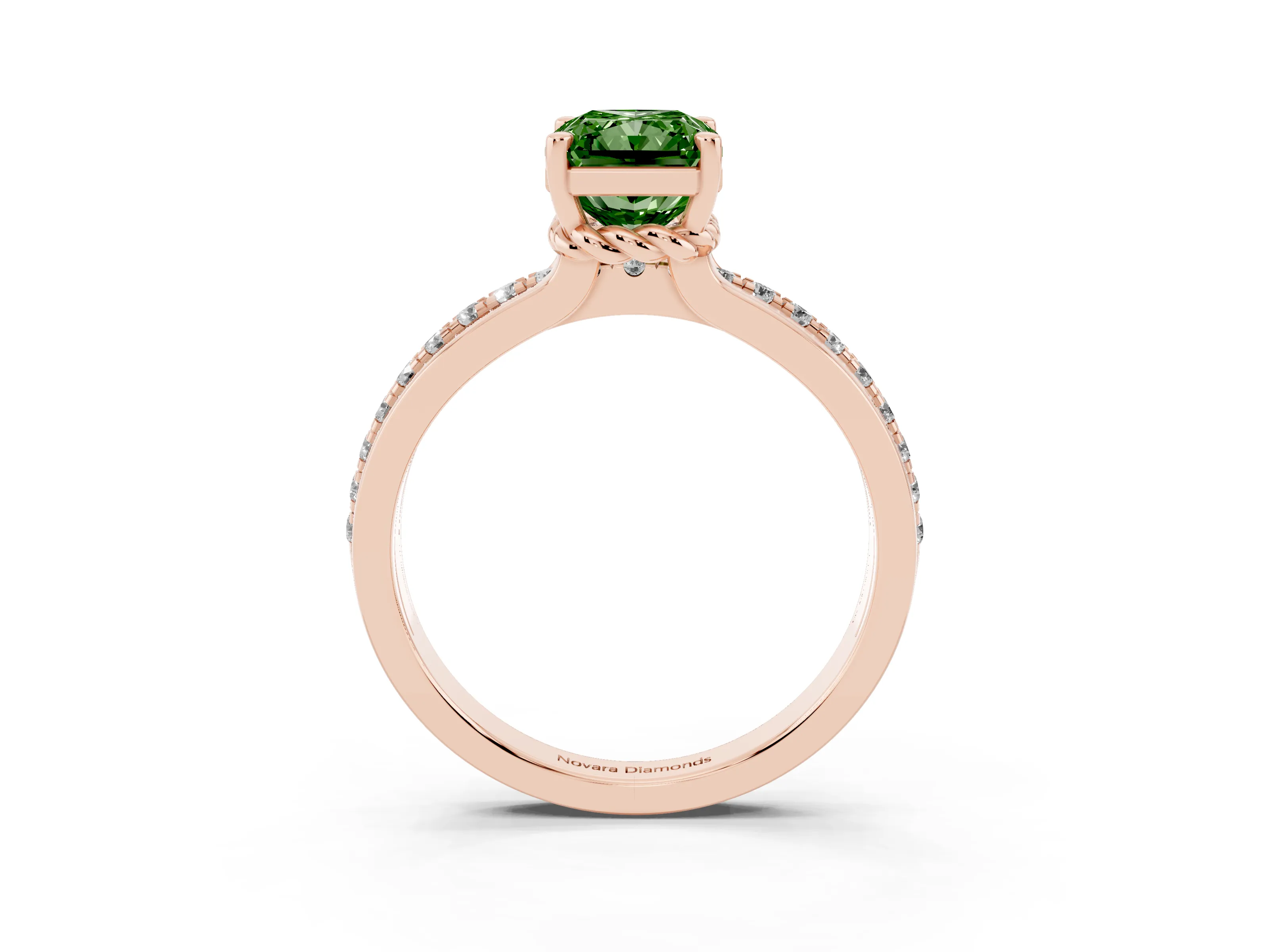 Fancy Green Radiant Cut Diamond Solitaire Ring Set in Rose gold with Channel Set Band and Prong Setting