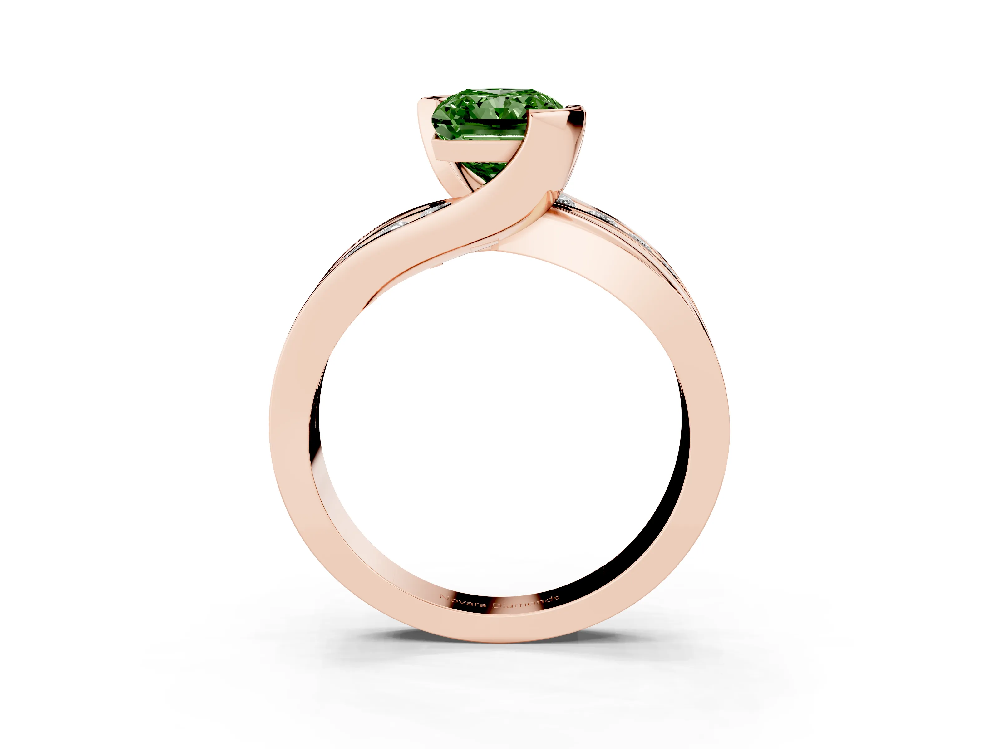Fancy Green Radiant Cut Diamond Solitaire Ring Set in Rose gold with Channel Set Split Shank and Tension Prongs