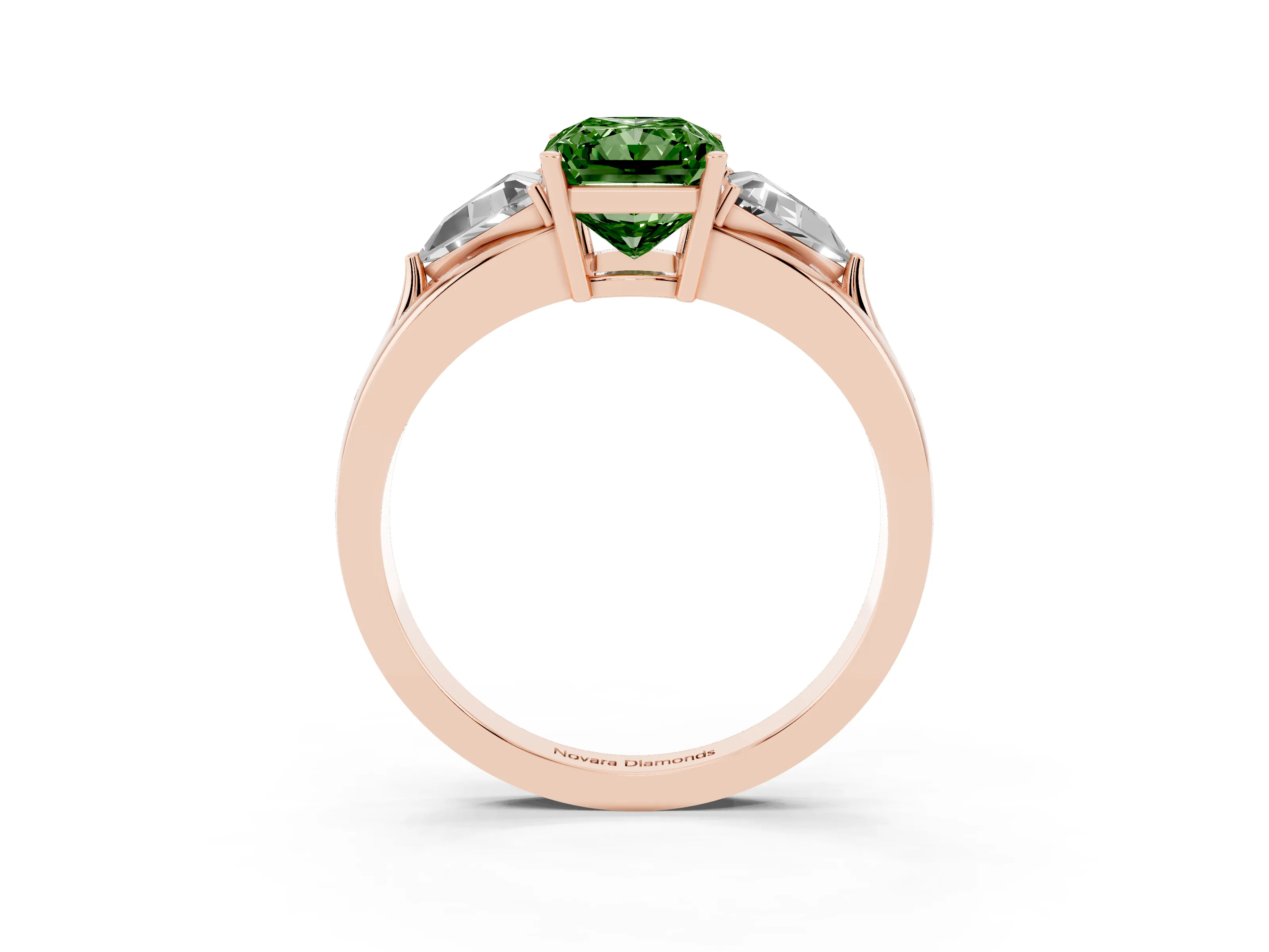 Fancy Green Radiant Cut Diamond Three-Stone Ring Set in Rose gold with Trillion Side Stones and Split Shank