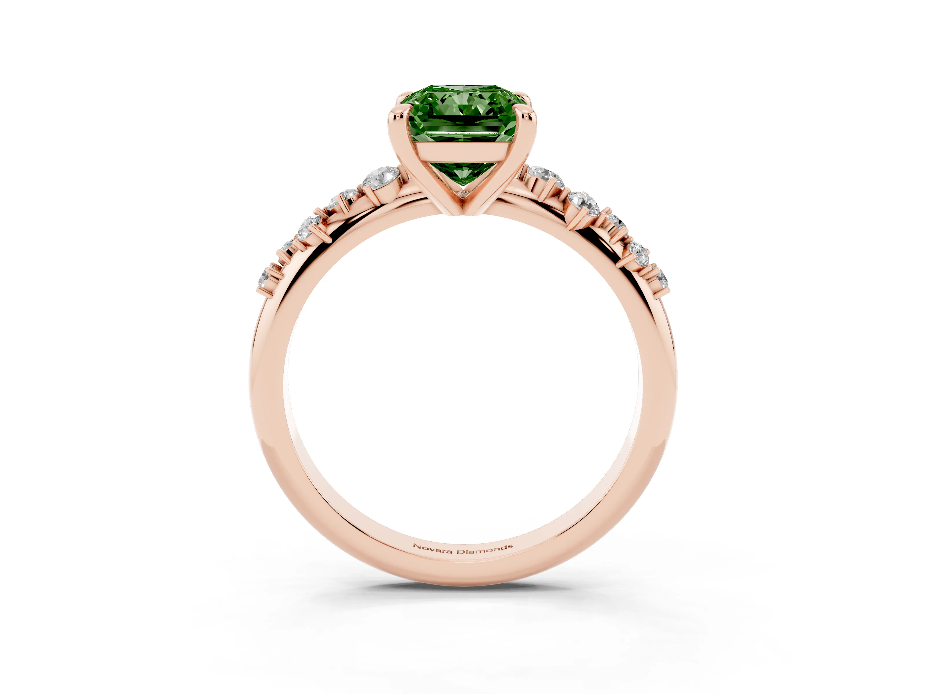 Fancy Green Radiant Cut Diamond Solitaire Vine Band Ring Set in Rose gold with Round Accents and Prong Setting