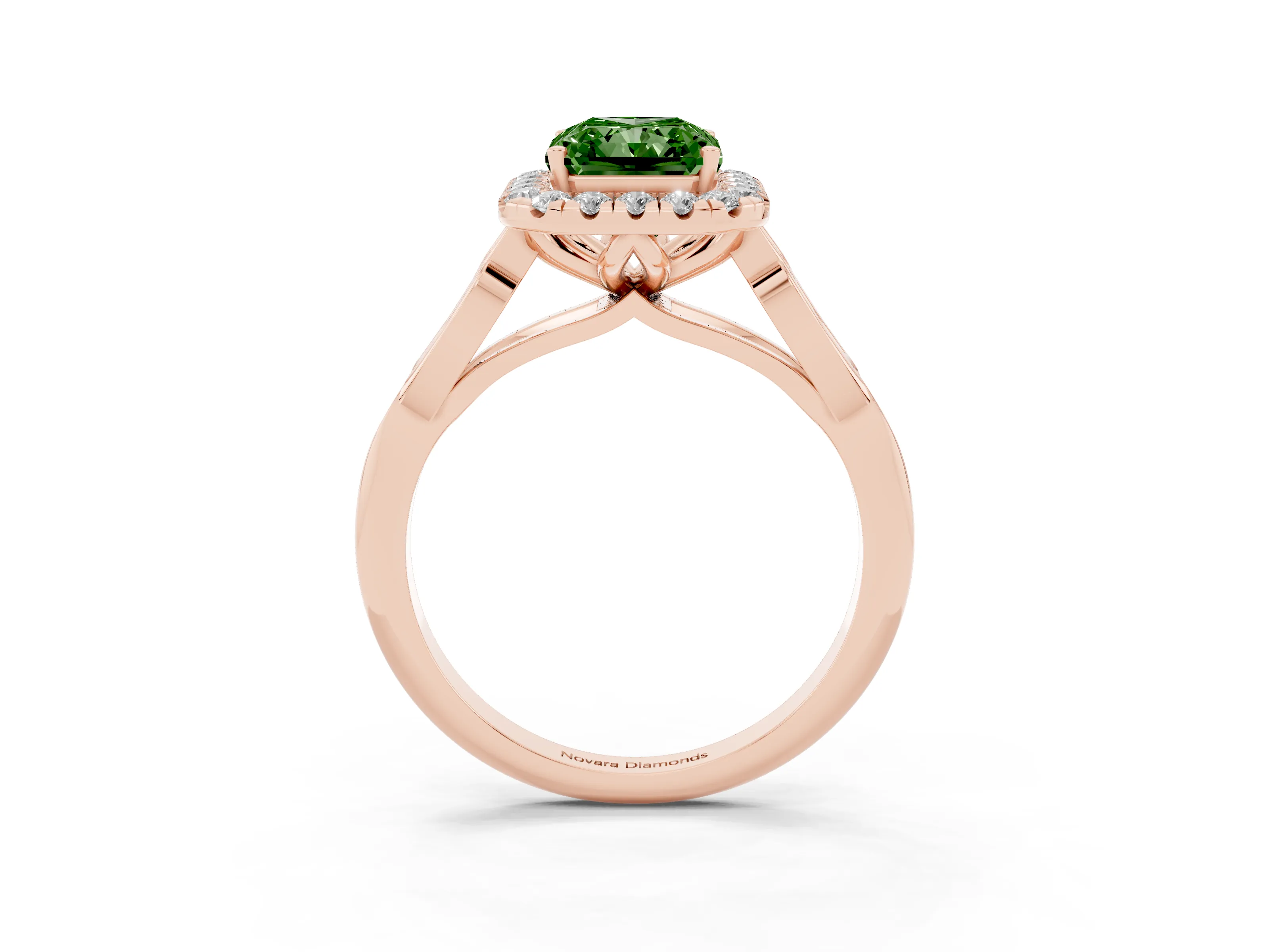Fancy Green Radiant Cut Diamond Halo Engagement Ring Set in Rose gold with Filigree Band and Prong-Set Center
