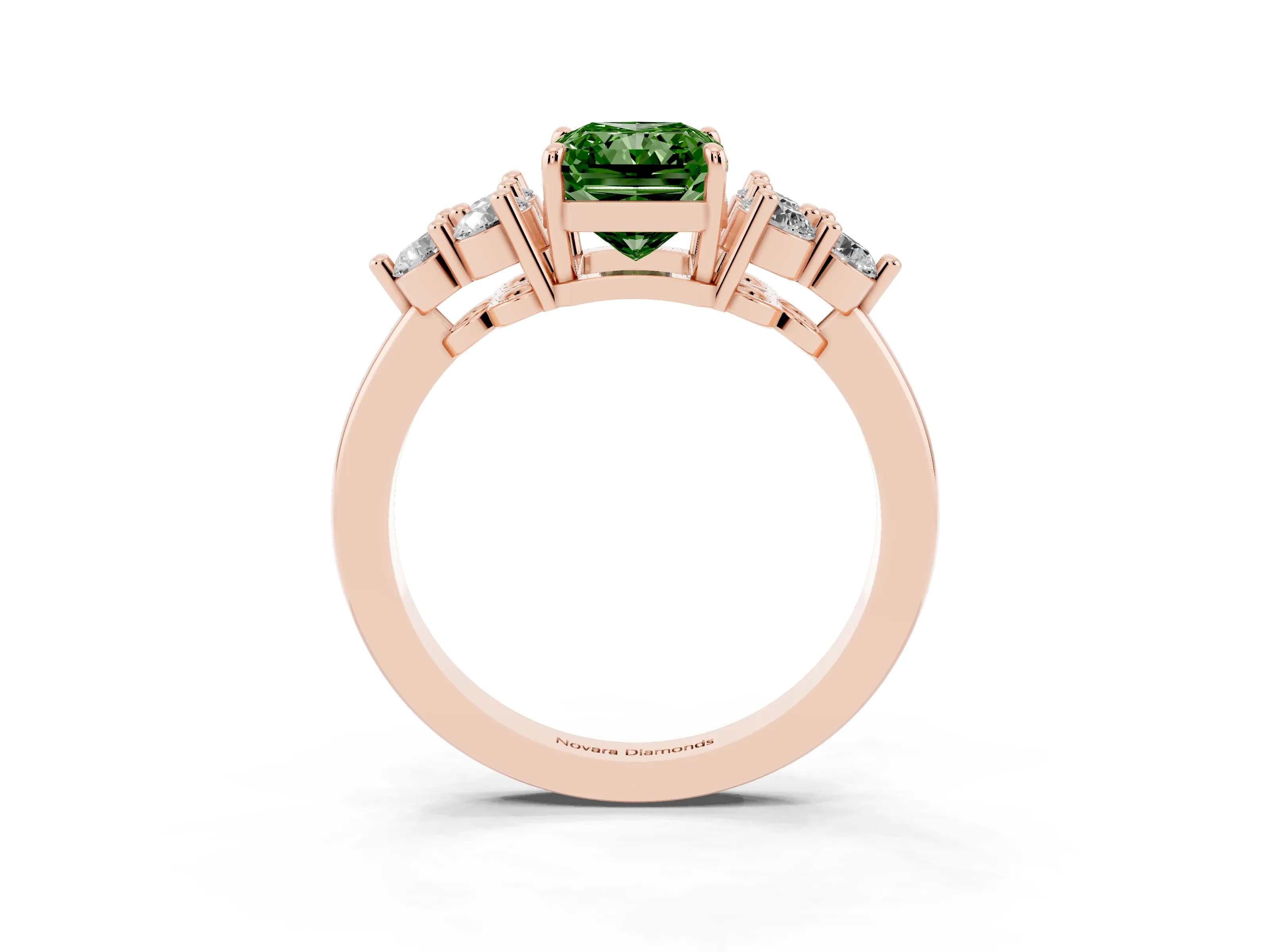 Fancy Green Radiant Cut Diamond Solitaire Ring Set in Rose gold with Cluster Accents on Each Side