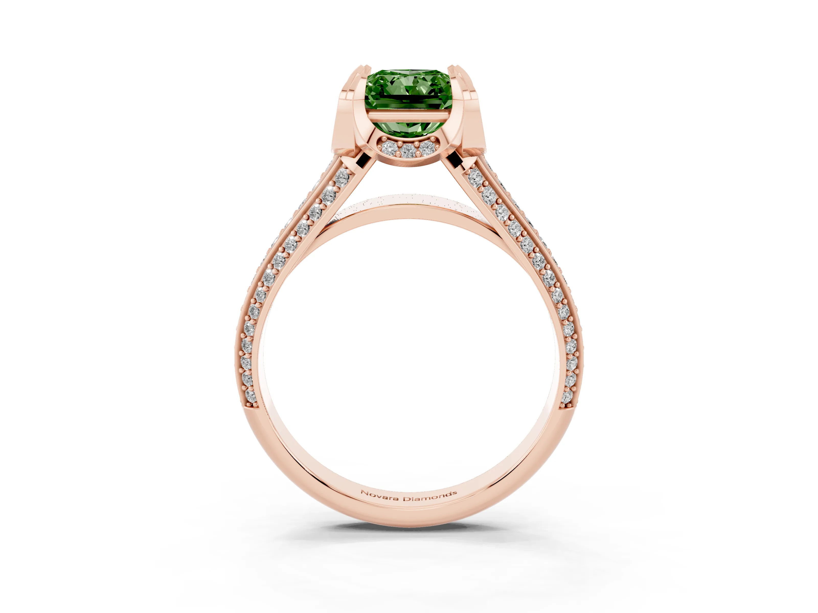 Fancy Green Radiant Cut Diamond Pavé Split Shank Solitaire Ring Set in Rose gold with Prong Setting