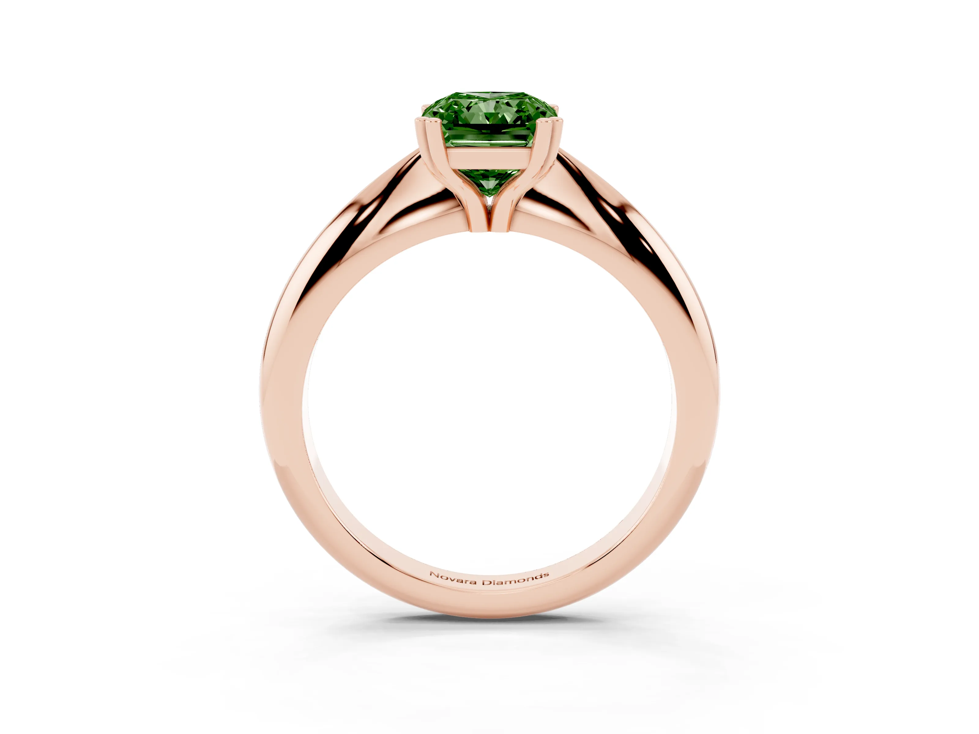 Fancy Green Radiant Cut Diamond Solitaire Engagement Ring Set in Rose gold with Tapered Band and Prong Setting
