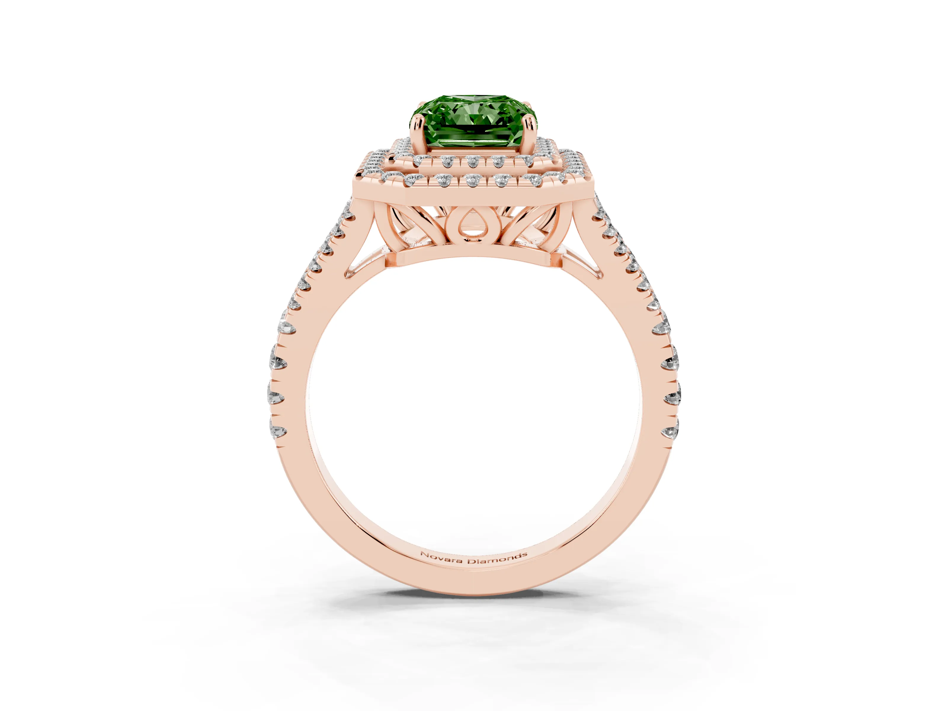 Fancy Green Radiant Cut Diamond Double Halo Ring Set in Rose gold with Pavé Band