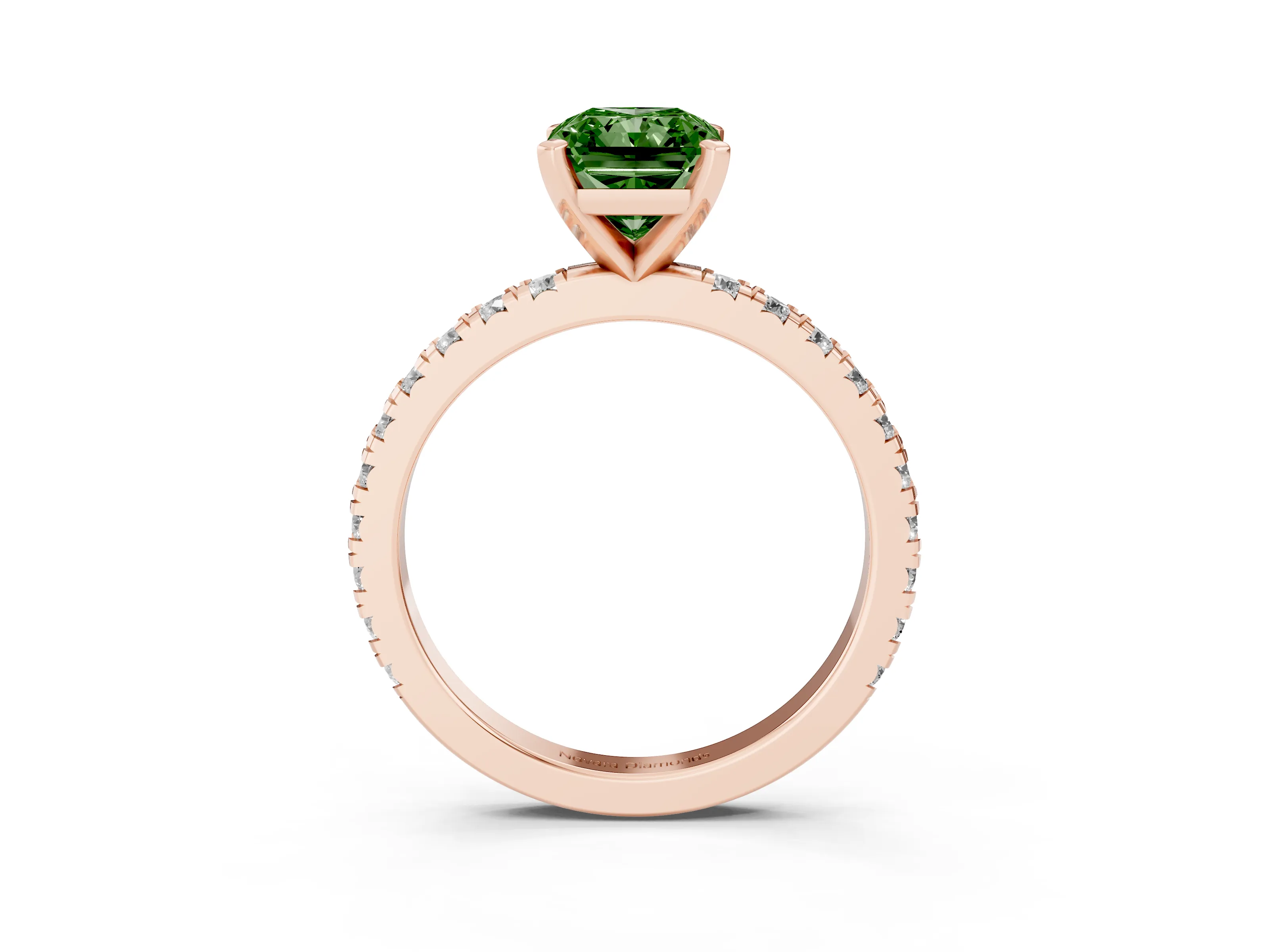 Fancy Green Radiant Cut Diamond Pavé Band Solitaire Set in Rose gold with Prong Setting