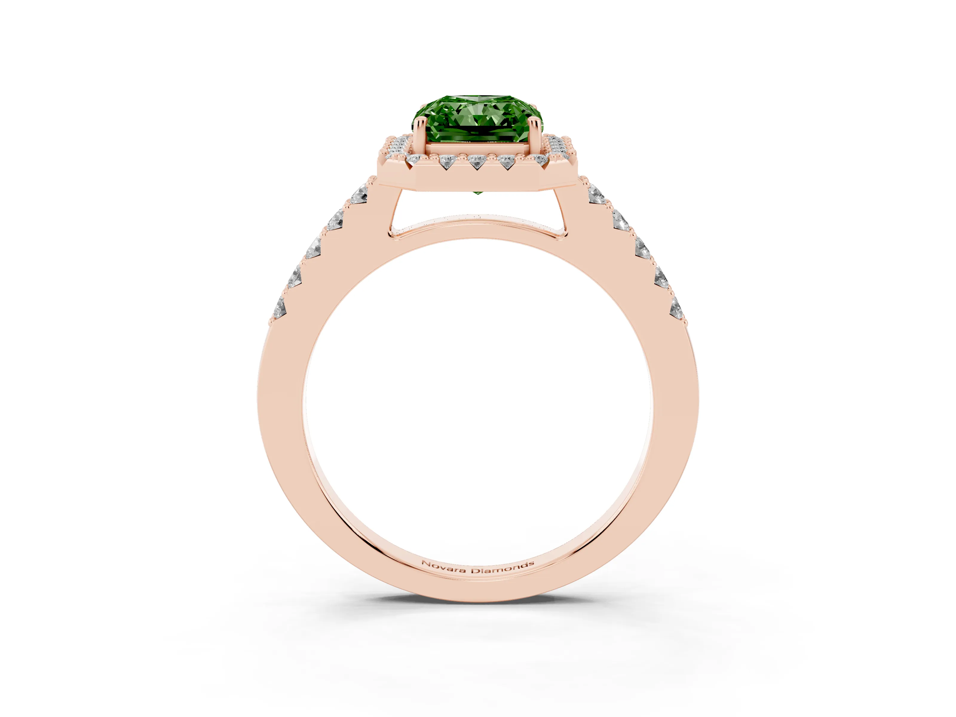 Fancy Green Radiant Cut Diamond Halo Pavé Solitaire Ring Set in Rose gold with Prong-Set Center Stone