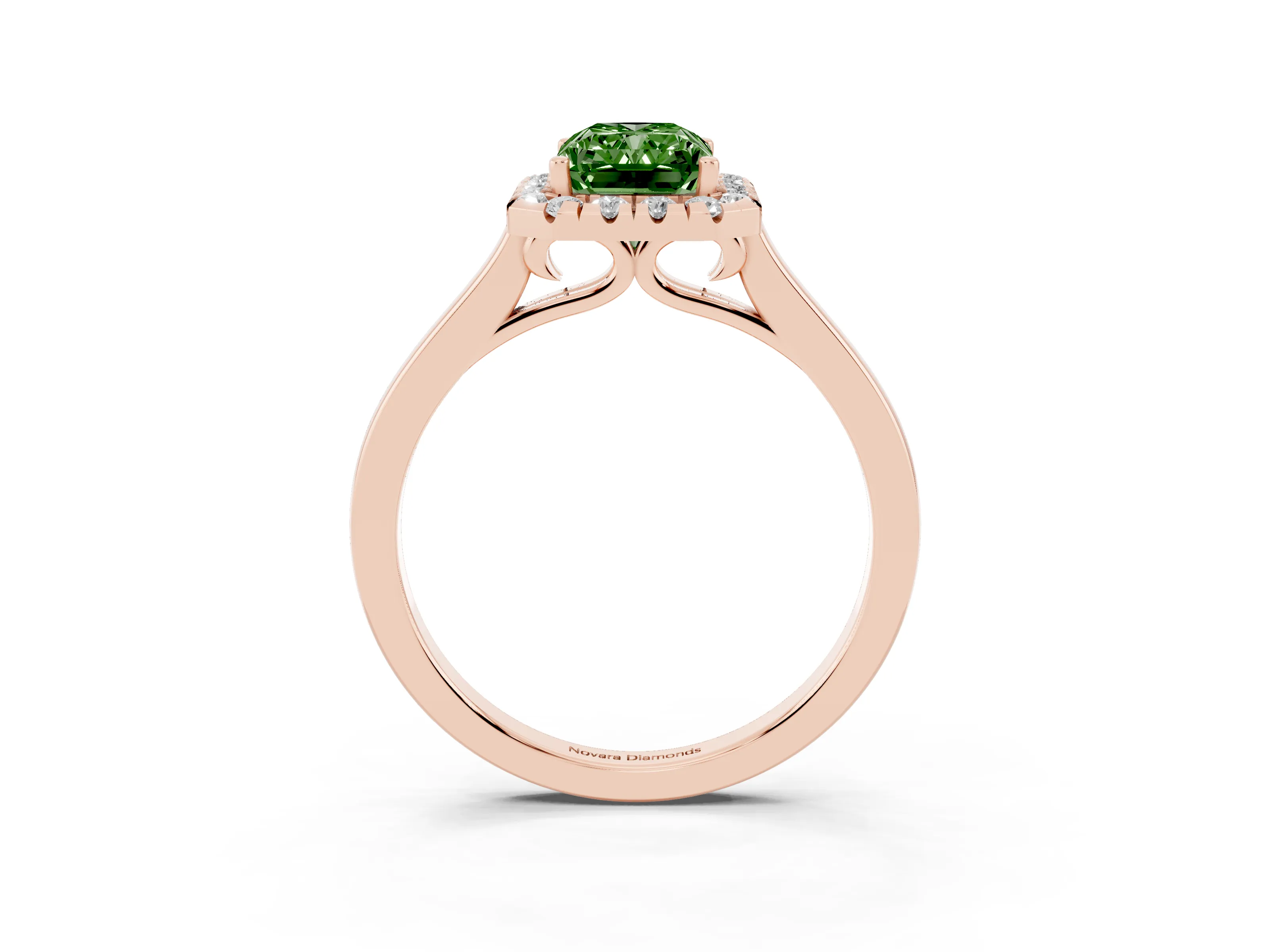 Fancy Green Radiant Cut Halo Round Diamond Solitaire Ring Set in Rose gold with Pavé Band and Prong Setting