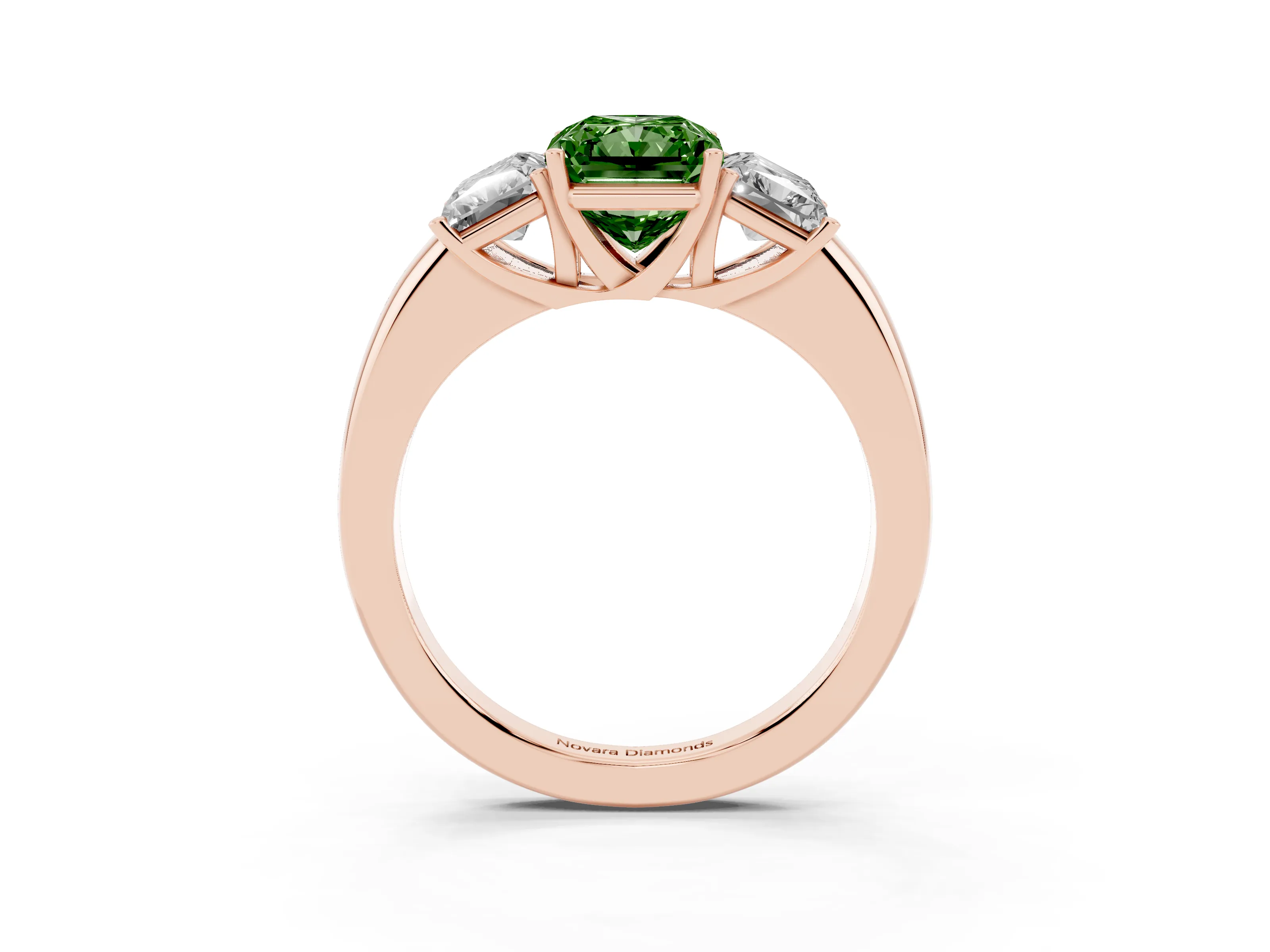 Fancy Green Radiant Cut Diamond Three-Stone Ring Set in Rose gold with Bold Center and Classic Band