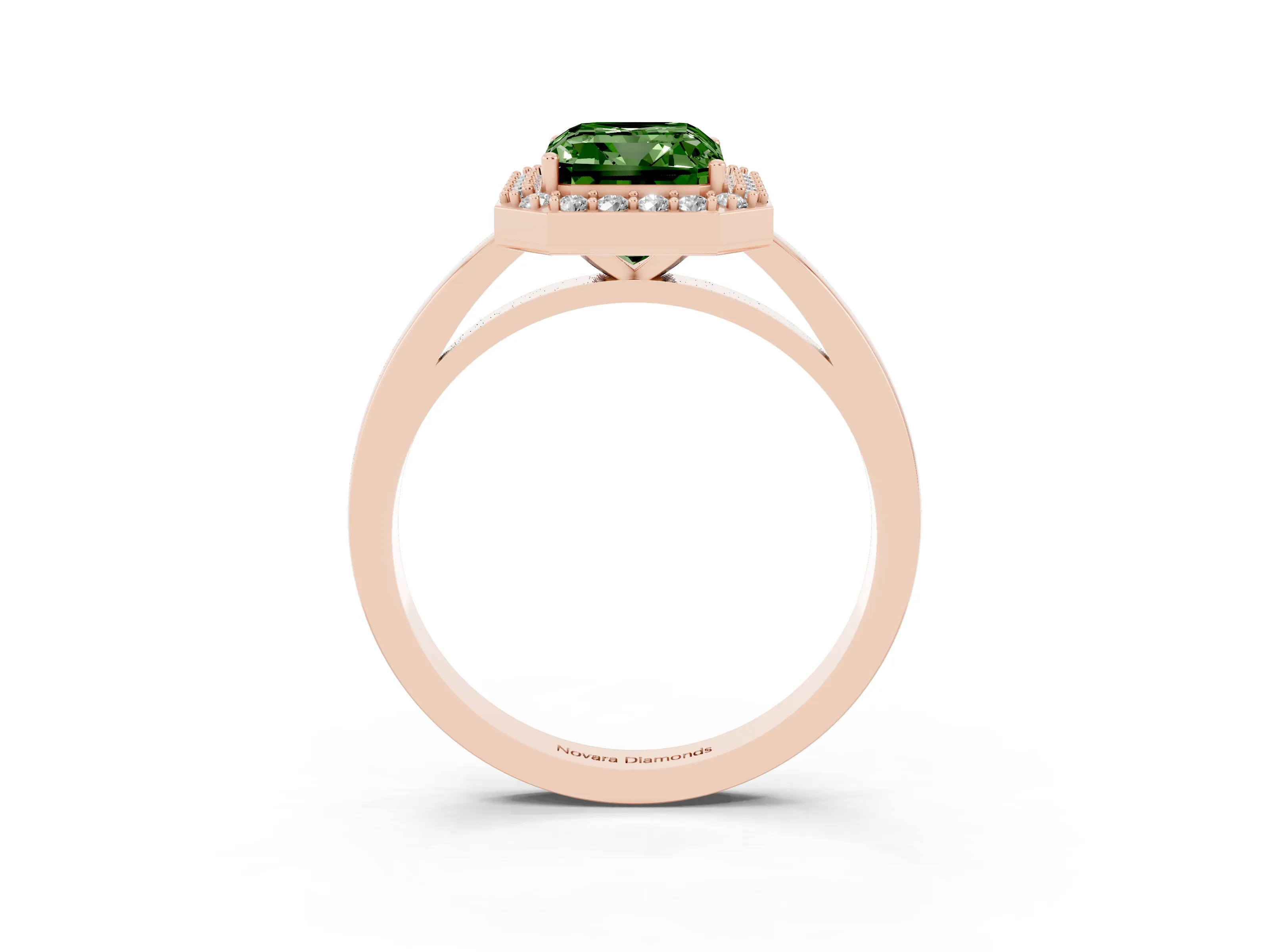 Fancy Green Radiant Cut Diamond Halo Ring Set in Rose gold with Solitaire Band and Prong Setting