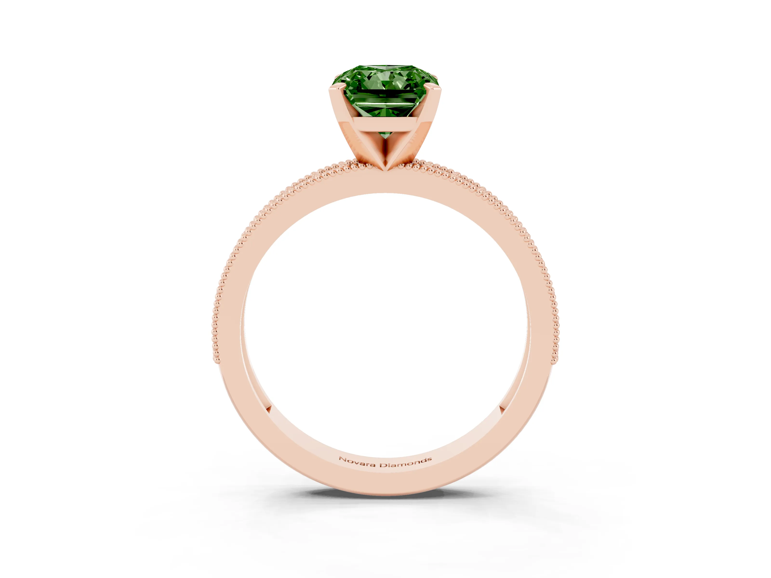 Fancy Green Radiant Cut Diamond Milgrain Pavé Engagement Ring Set in Rose gold with Prong Setting