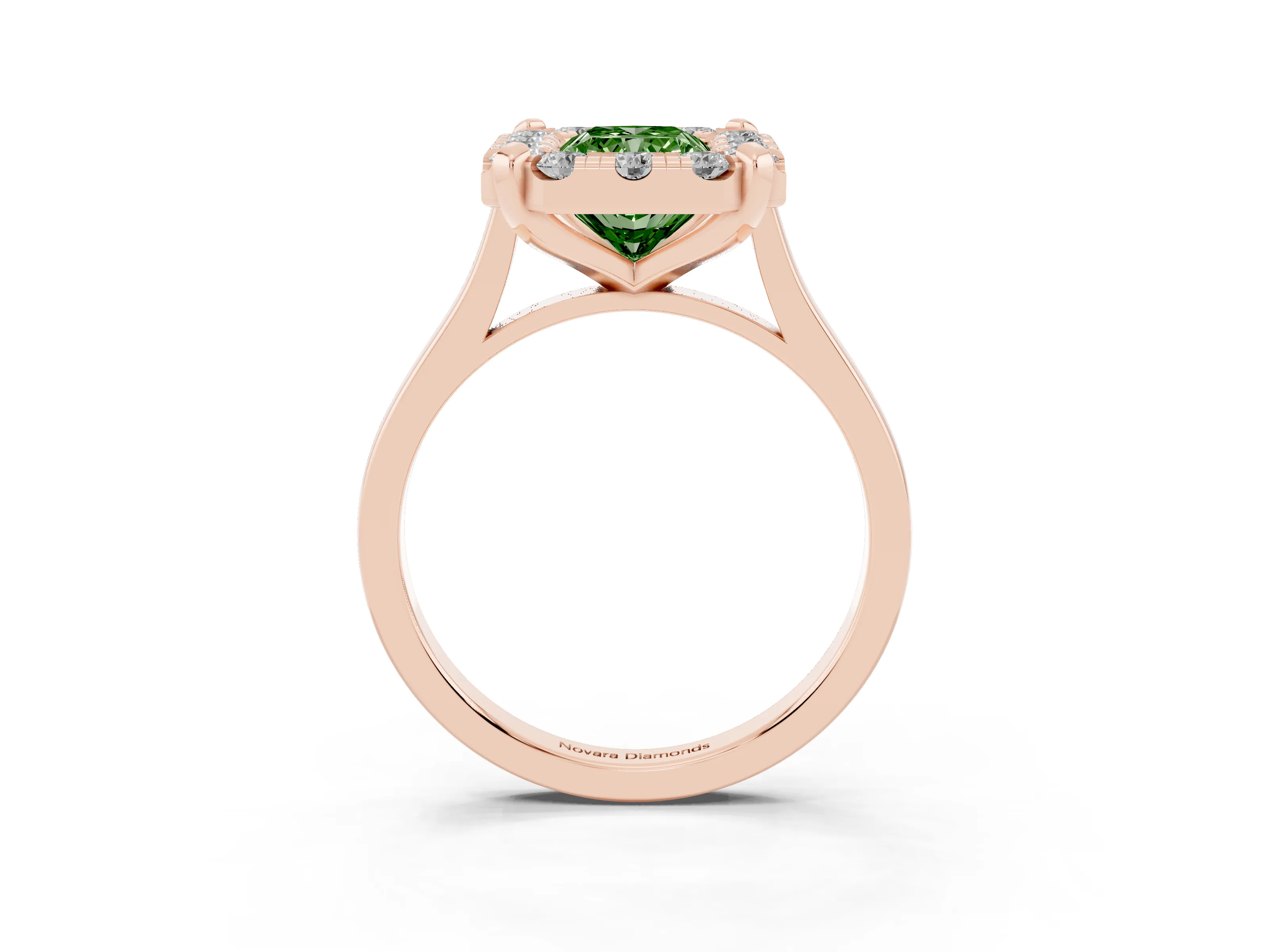 Fancy Green Radiant Cut Diamond Cluster Halo Solitaire Ring Set in Rose gold with Prong Setting