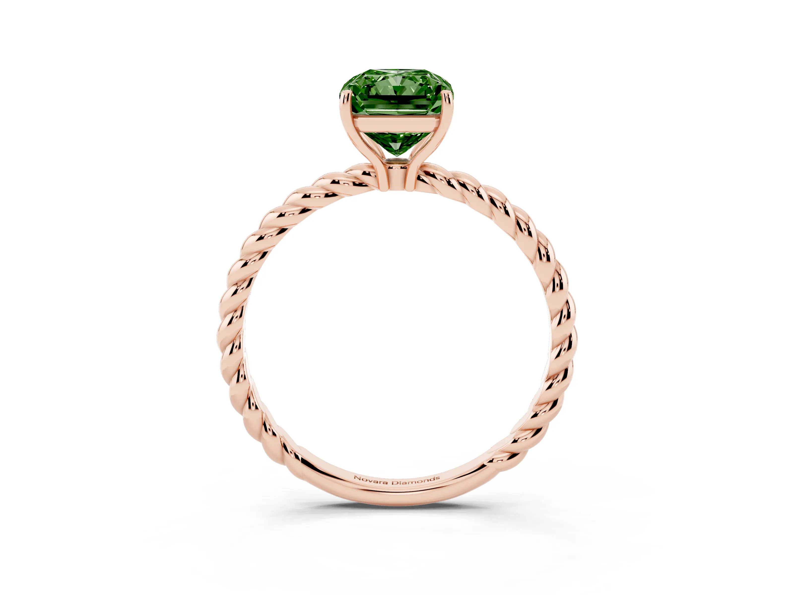 Fancy Green Radiant Cut Diamond Solitaire Ring Set in Rose gold with Twist Band and Prong Setting