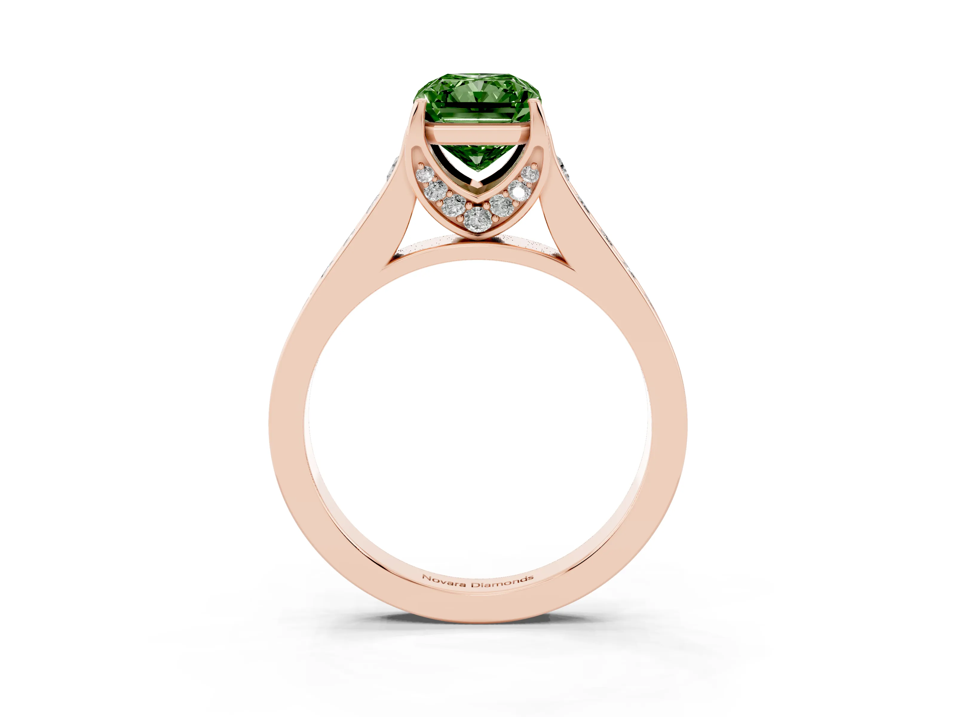 Fancy Green Radiant Cut Diamond Solitaire Pavé Engagement Ring Set in Rose gold with Prong Setting