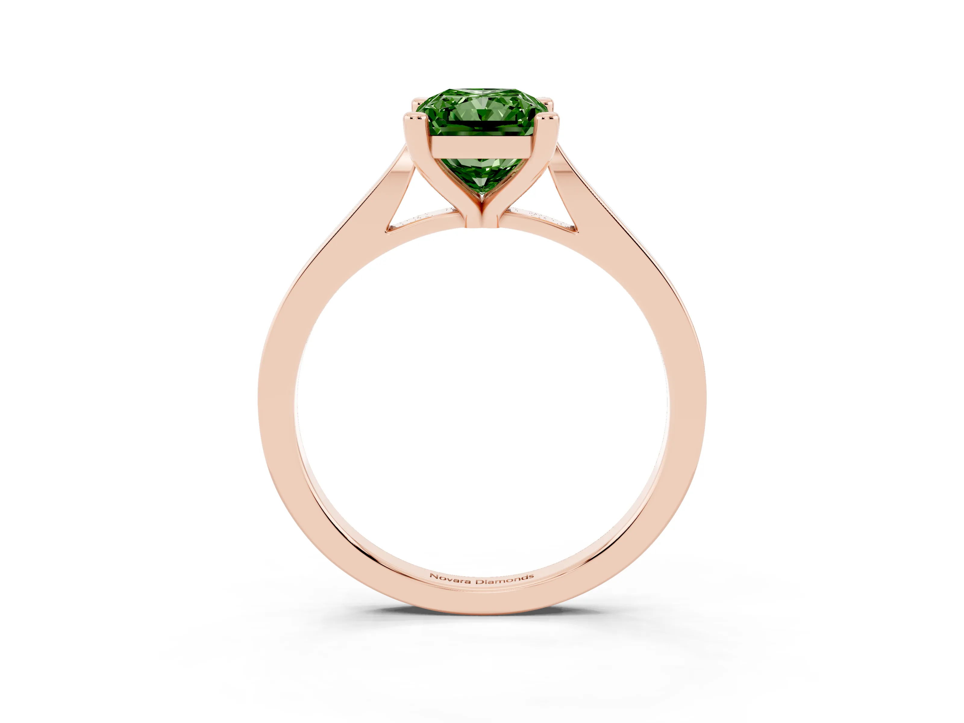 Fancy Green Radiant Cut Diamond Solitaire Ring Set in Rose gold with Prong Setting and Tapered Band