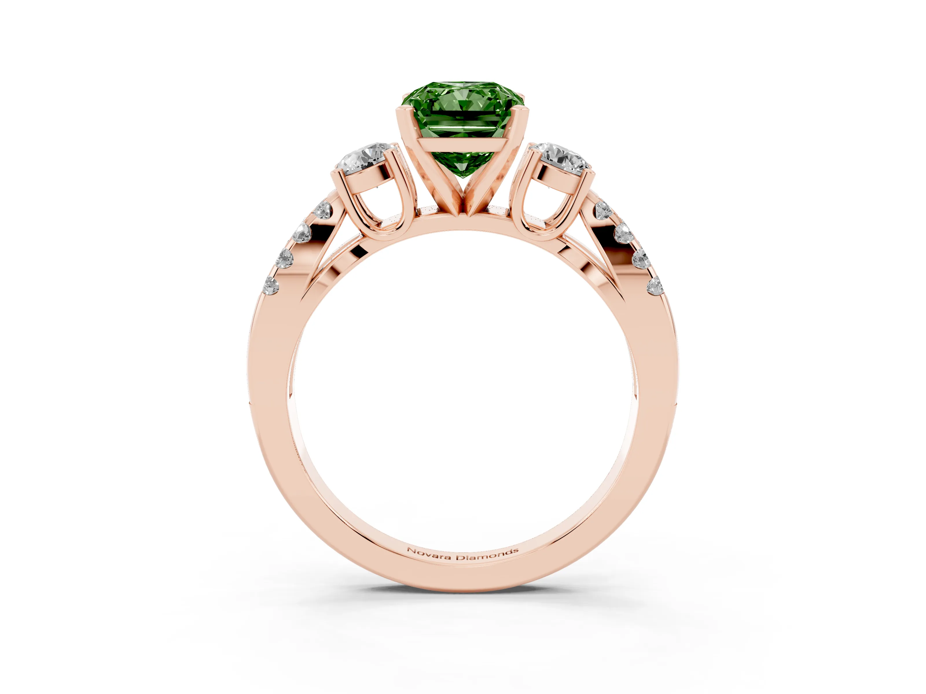 Fancy Green Radiant Cut Diamond Three-Stone Ring Set in Rose gold with Pavé Split Shank and Prong Setting