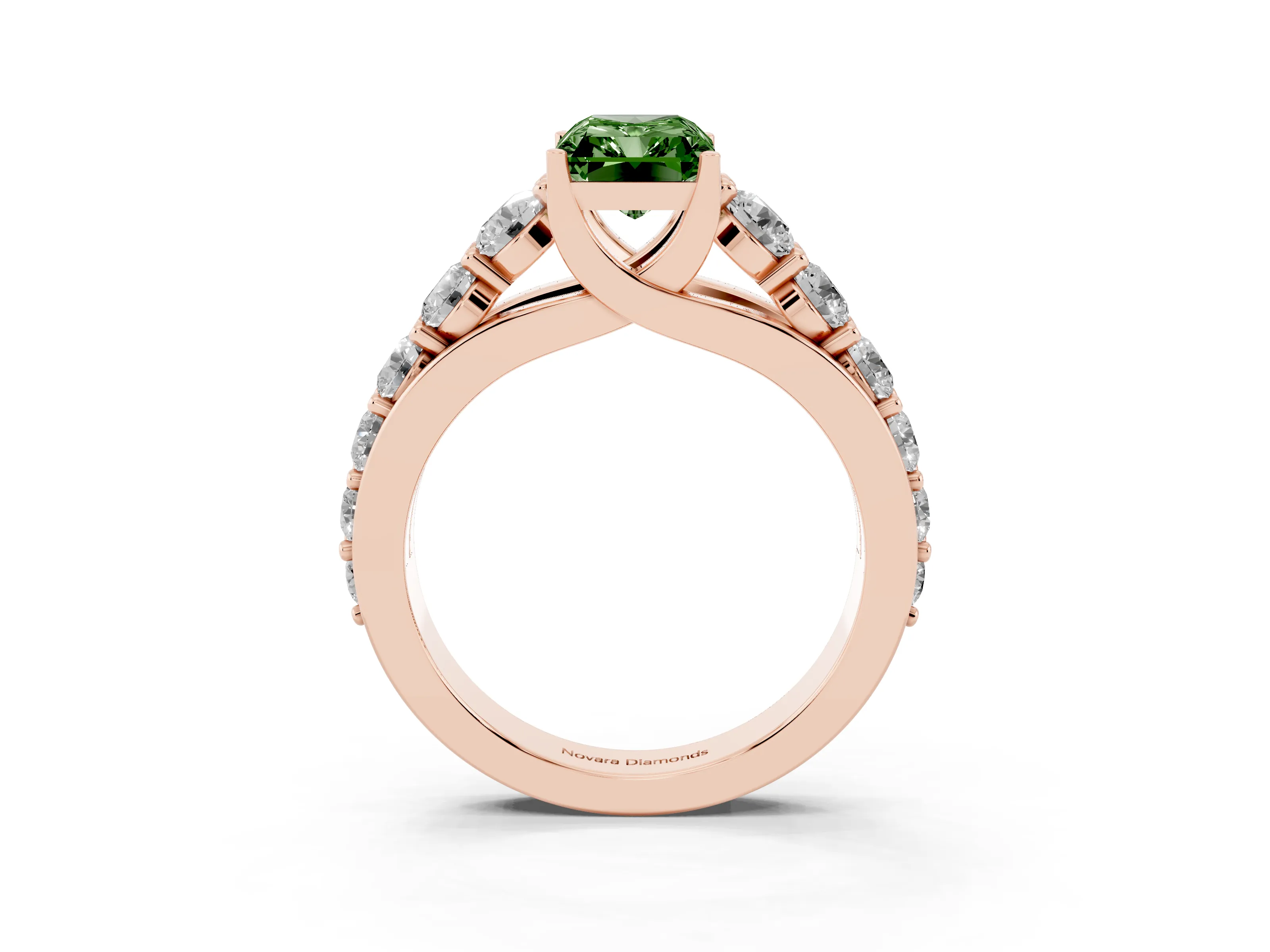 Fancy Green Radiant Cut Diamond Pavé Engagement Ring Set in Rose gold with Prong Setting