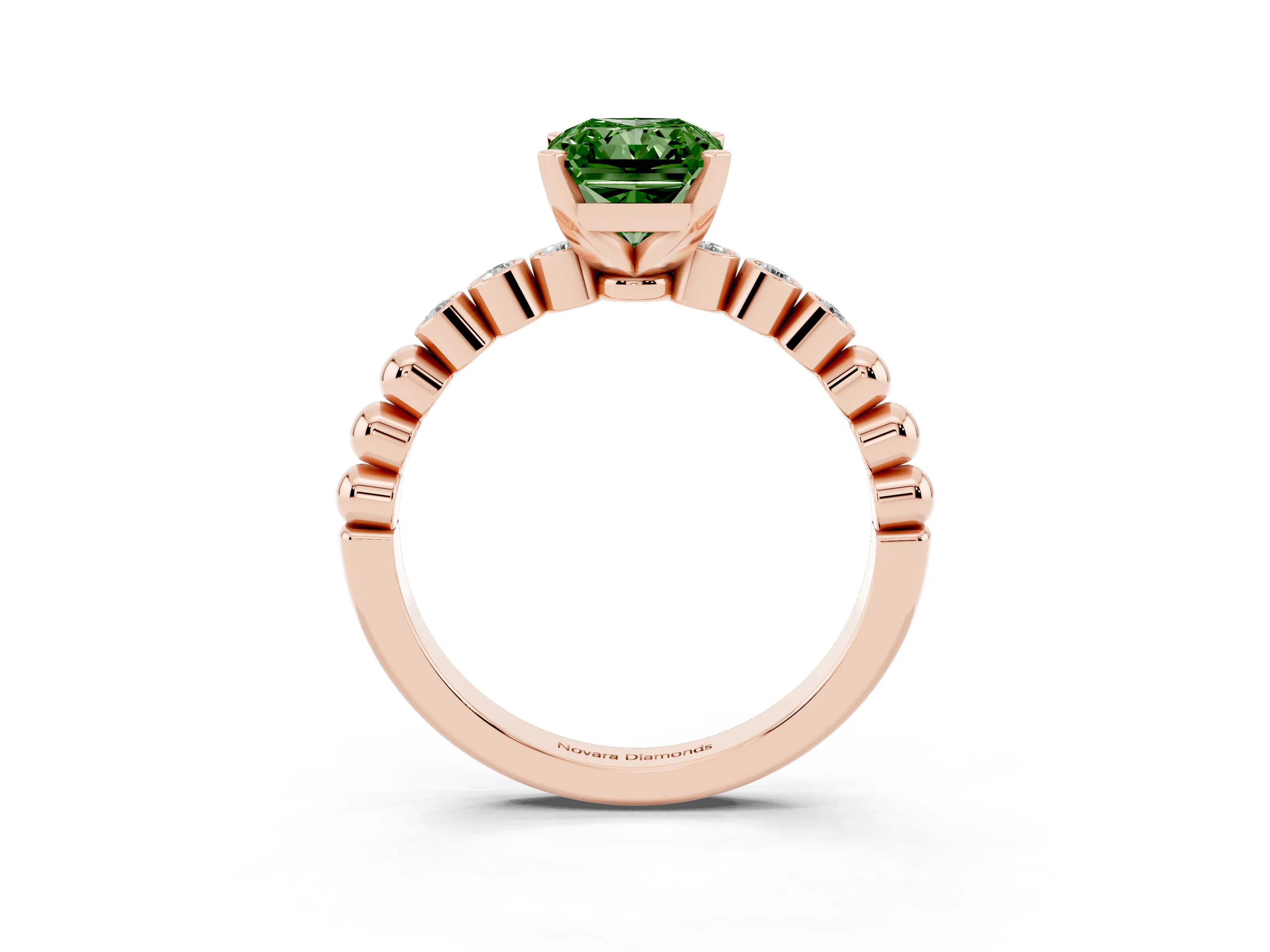 Fancy Green Radiant Cut Diamond Solitaire Engagement Ring Set in Rose gold with Bezel Accents on Beaded Band