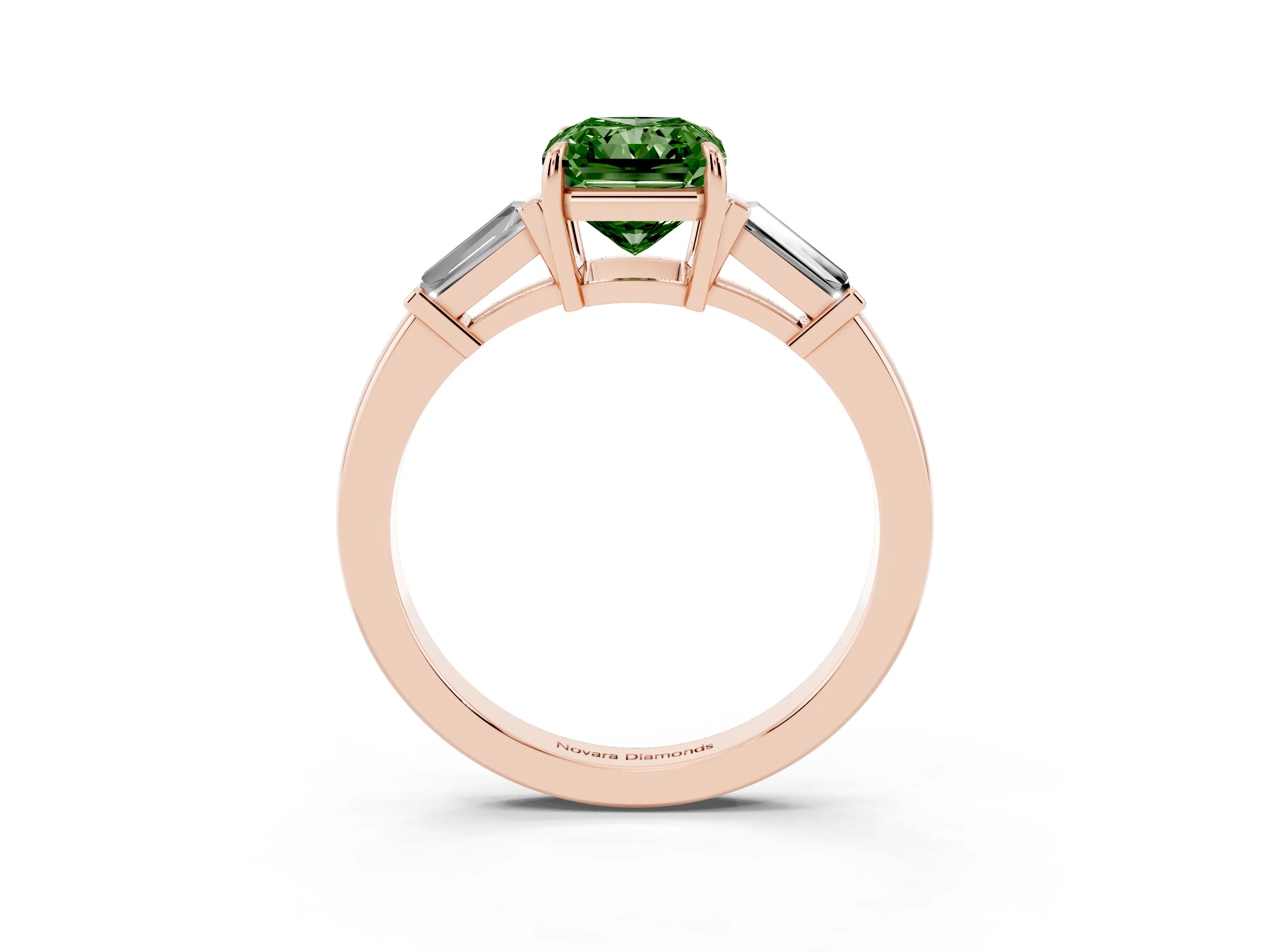 Fancy Green Radiant Cut Diamond Three-Stone Ring Set in Rose gold with Tapered Baguette Side Stones and Prong Setting