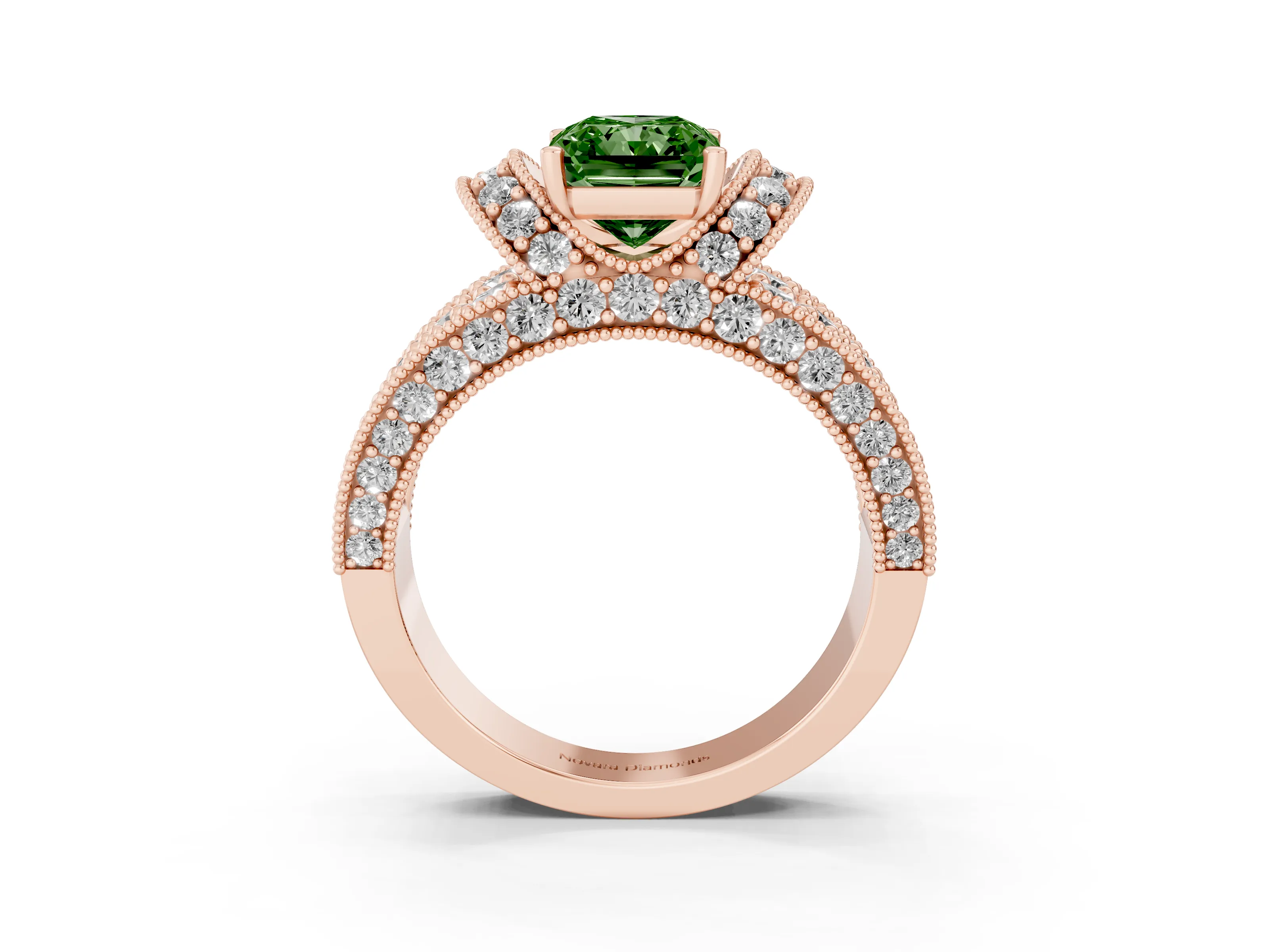 Fancy Green Radiant Cut Diamond Milgrain Halo Pavé Engagement Ring Set in Rose gold with Prong Setting