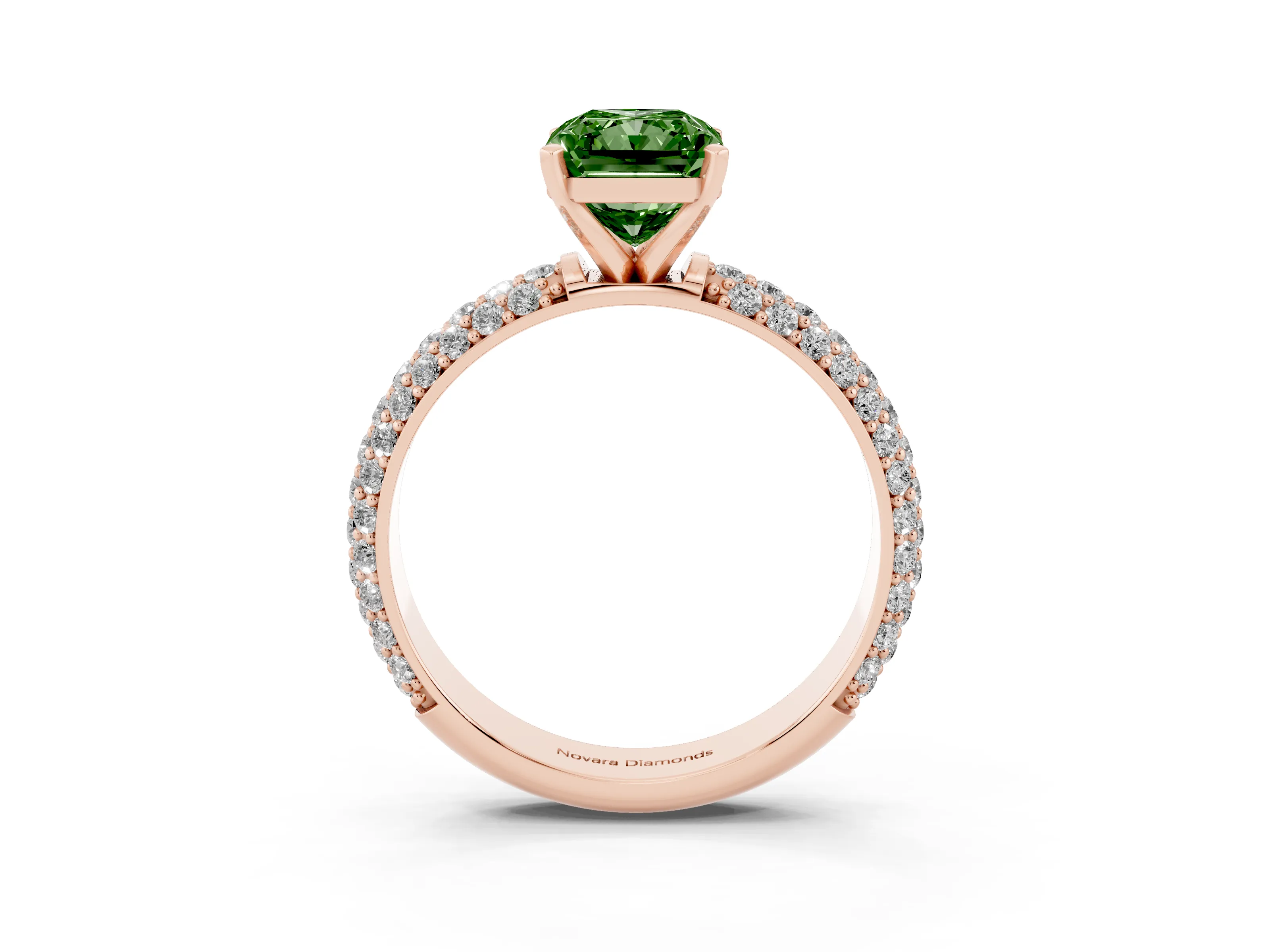 Fancy Green Radiant Cut Diamond Solitaire Ring Set in Rose gold with Prong Setting and Pavé-Set Band