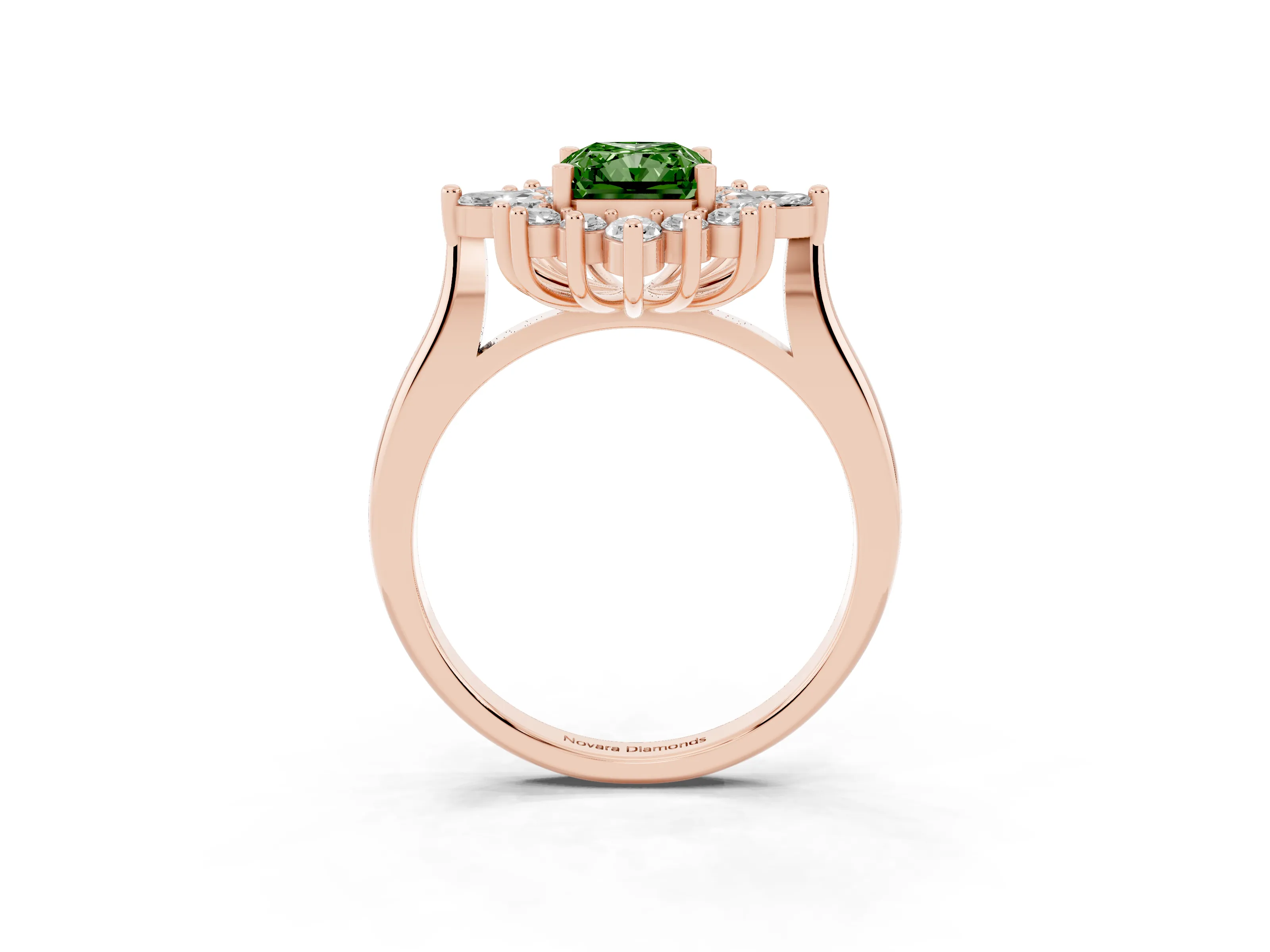 Fancy Green Radiant Cut Diamond Cluster Halo Ring Set in Rose gold with Marquise and Round Accents