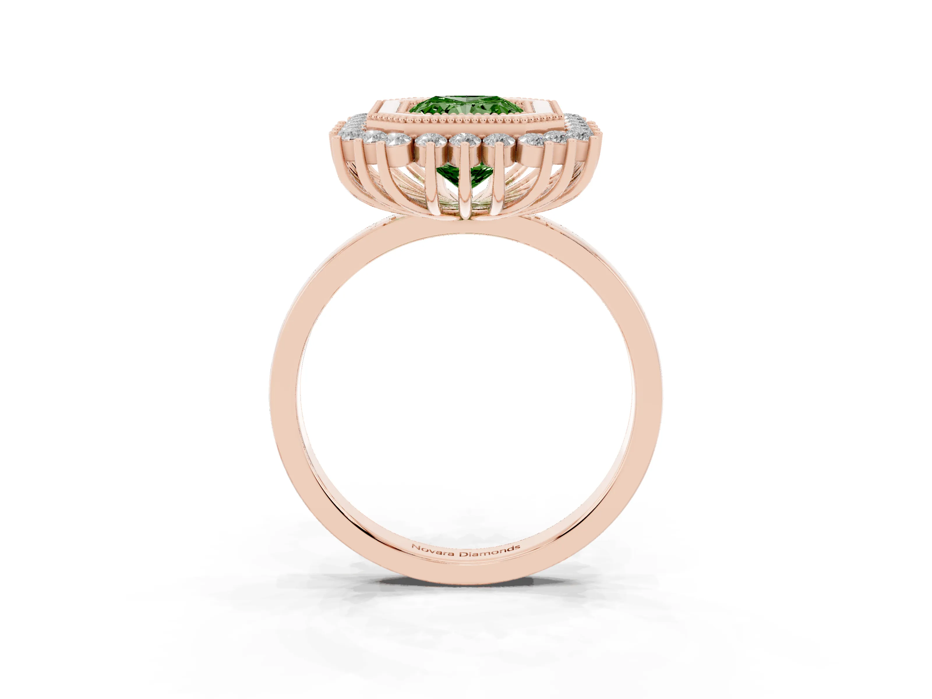Fancy Green Radiant Cut Diamond Halo Ring Set in Rose gold with Milgrain Edge and Round Prong Setting