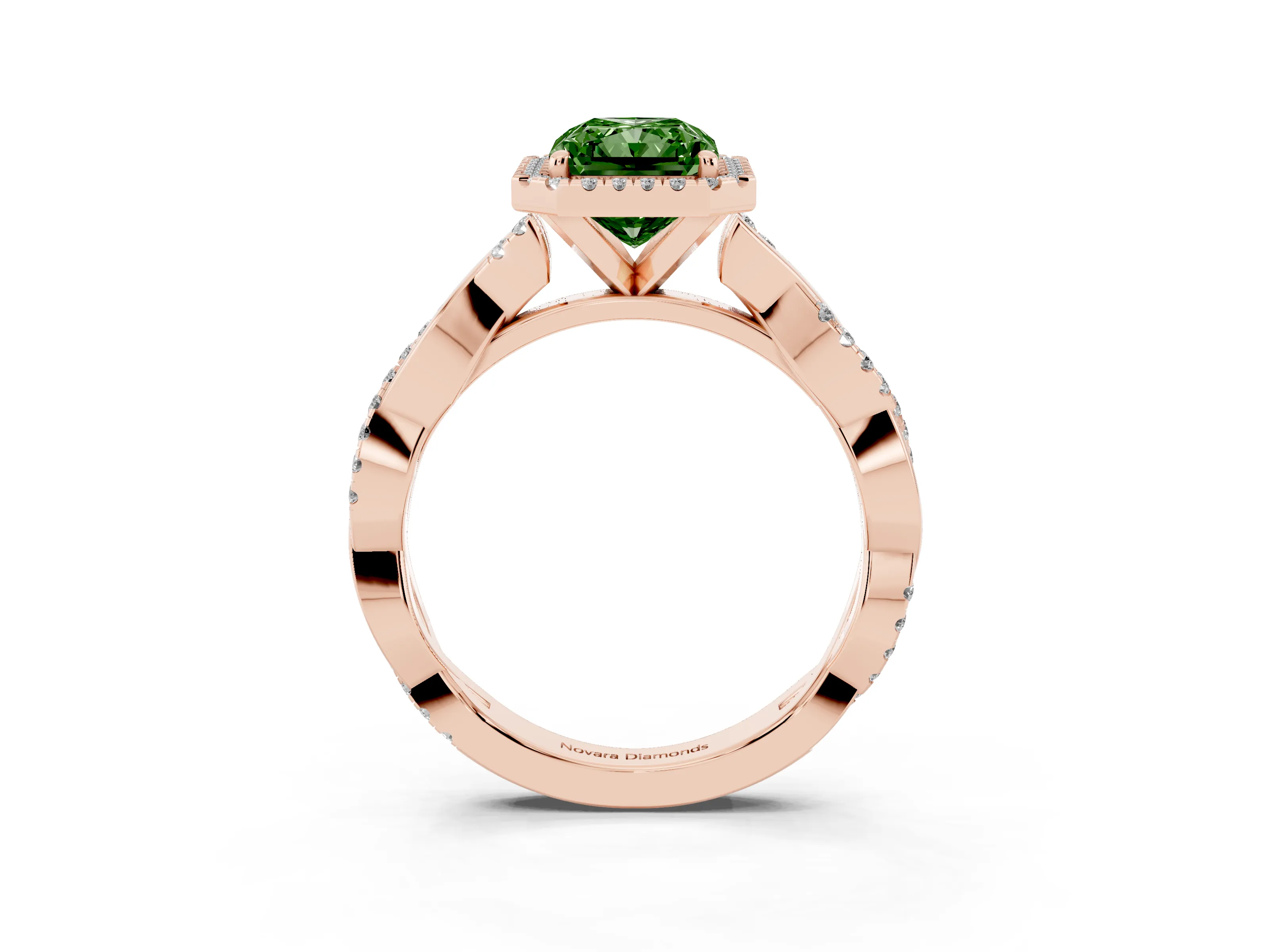 Fancy Green Radiant Cut Diamond Halo Twisted Band Ring Set in Rose gold with Prong Setting