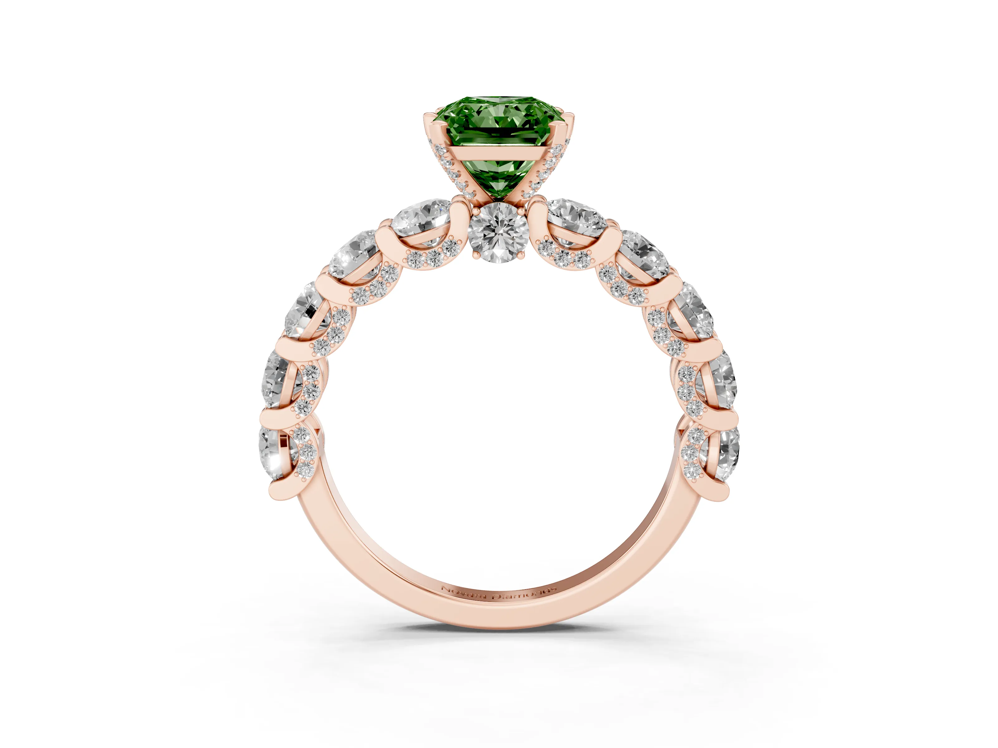 Fancy Green Radiant Cut Diamond Side Stone Ring Set in Rose gold with Alternating Round and Oval Side Stones