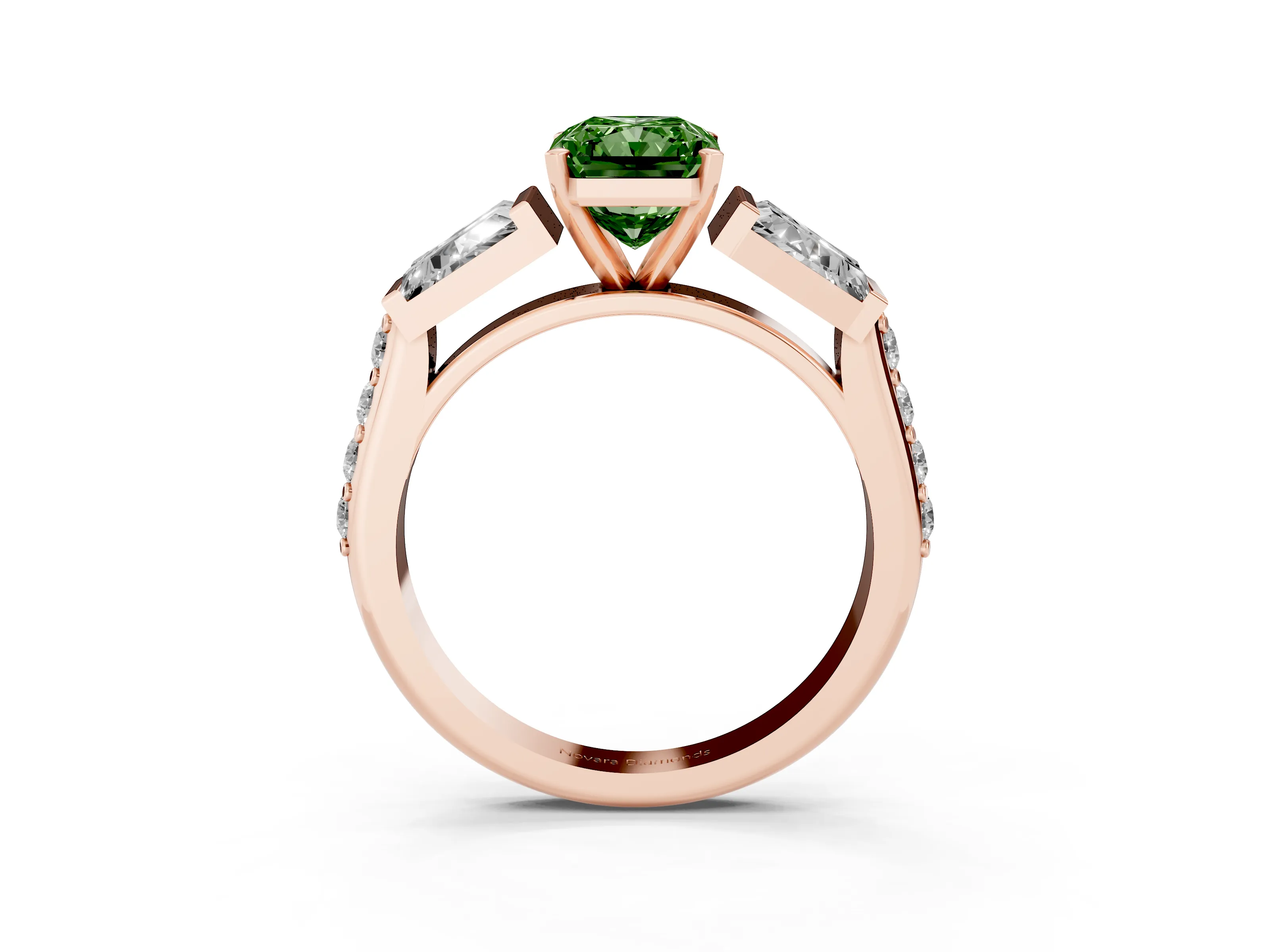 Fancy Green Radiant Cut Diamond Engagement Ring Set in Rose gold with Baguette Side Stones and Channel Set Band