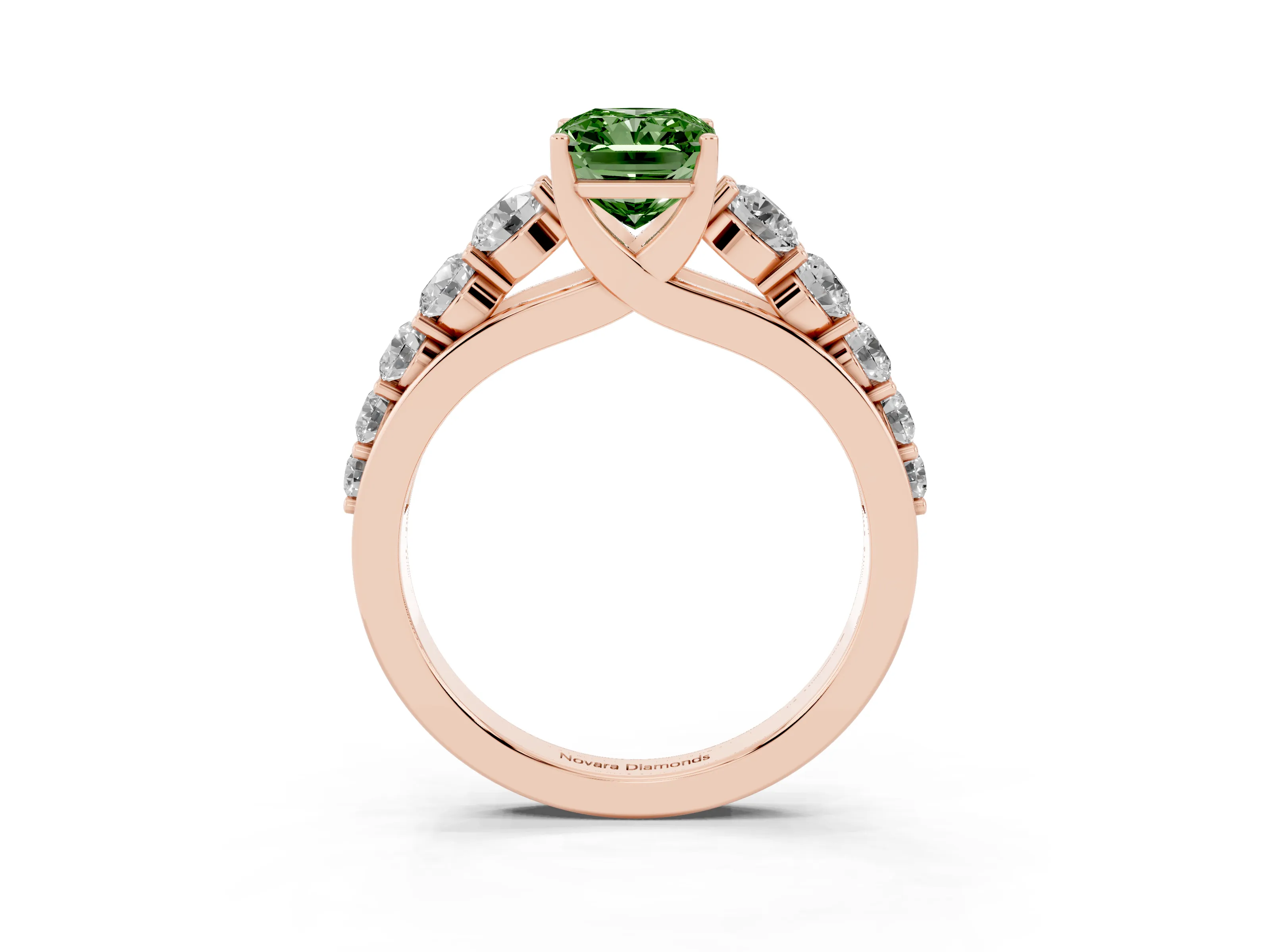 Fancy Green Radiant Cut Diamond Solitaire Ring Set in Rose gold with Pavé-Set Band and Prong Setting