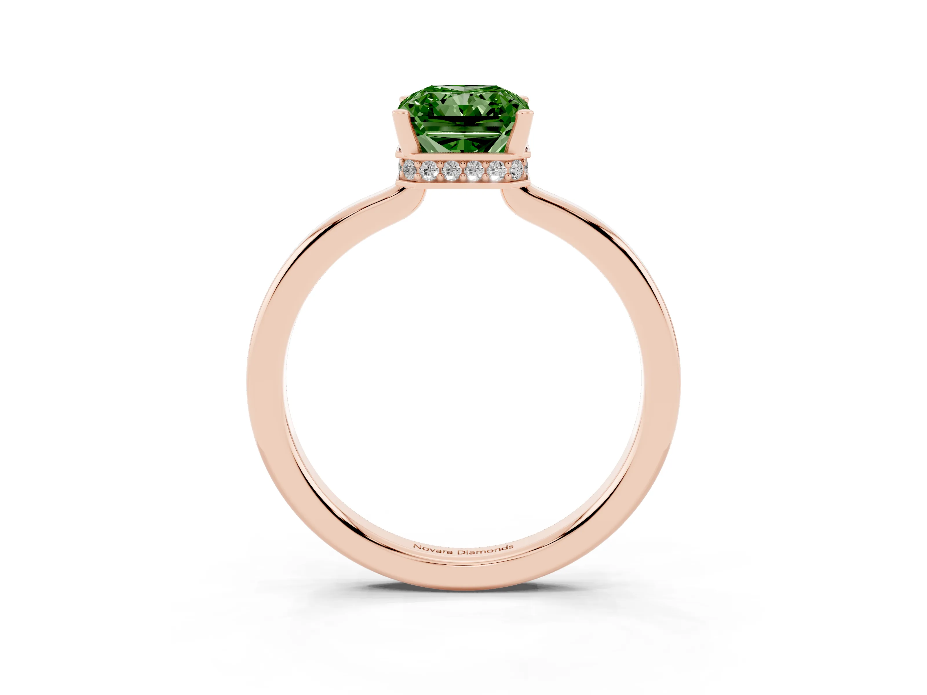 Fancy Green Radiant Cut Diamond Solitaire Engagement Ring Set in Rose gold with Prong Setting on a Plain Band