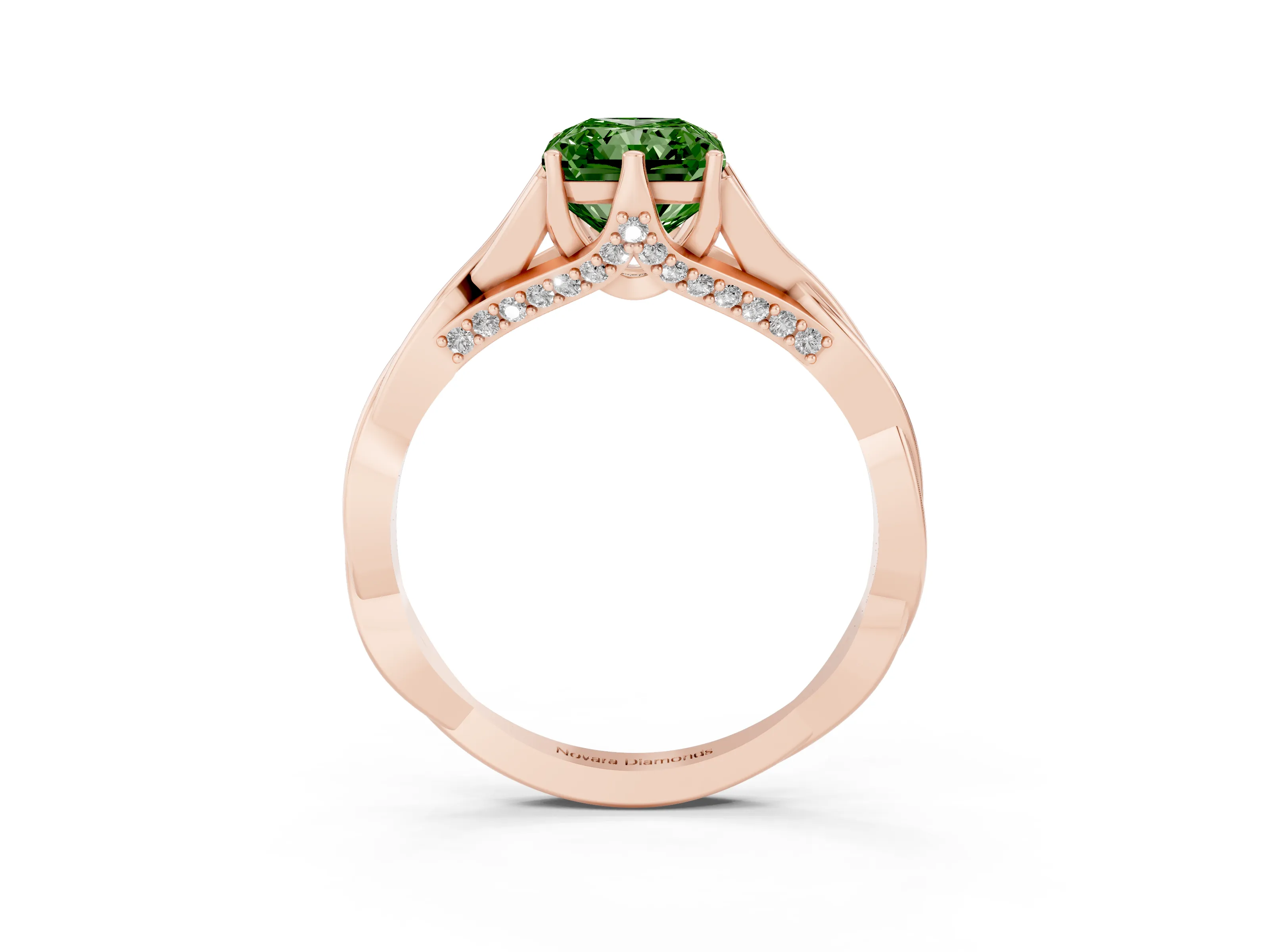 Fancy Green Radiant Cut Diamond Intertwined Twist Band Solitaire Ring Set in Rose gold with Prong Setting