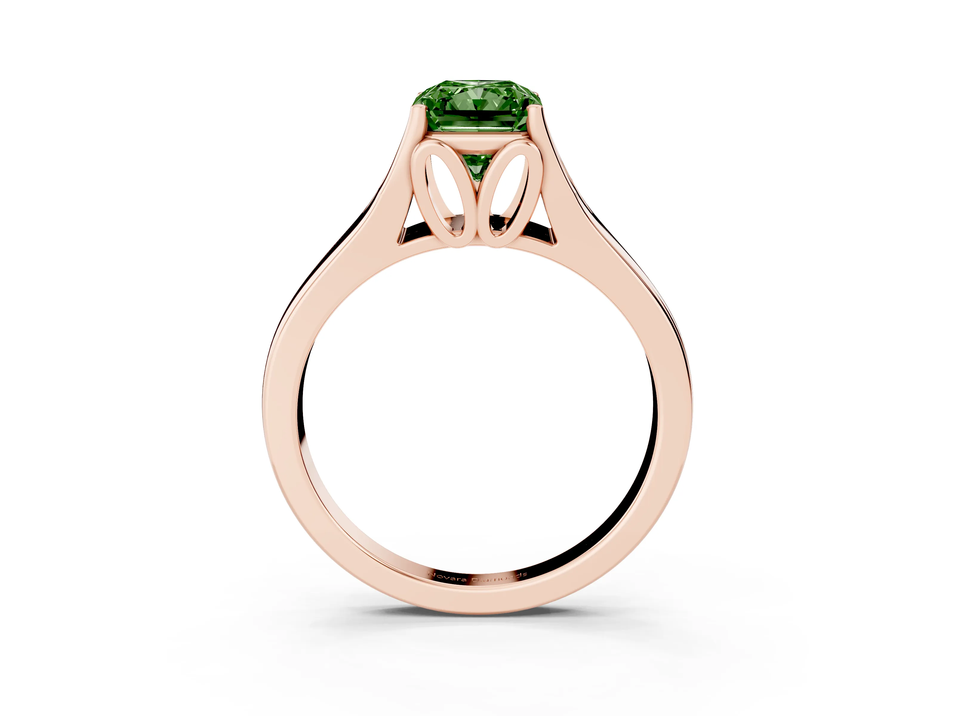 Fancy Green Radiant Cut Diamond Solitaire Ring Set in Rose gold with Arched Cathedral Band and Prong Setting