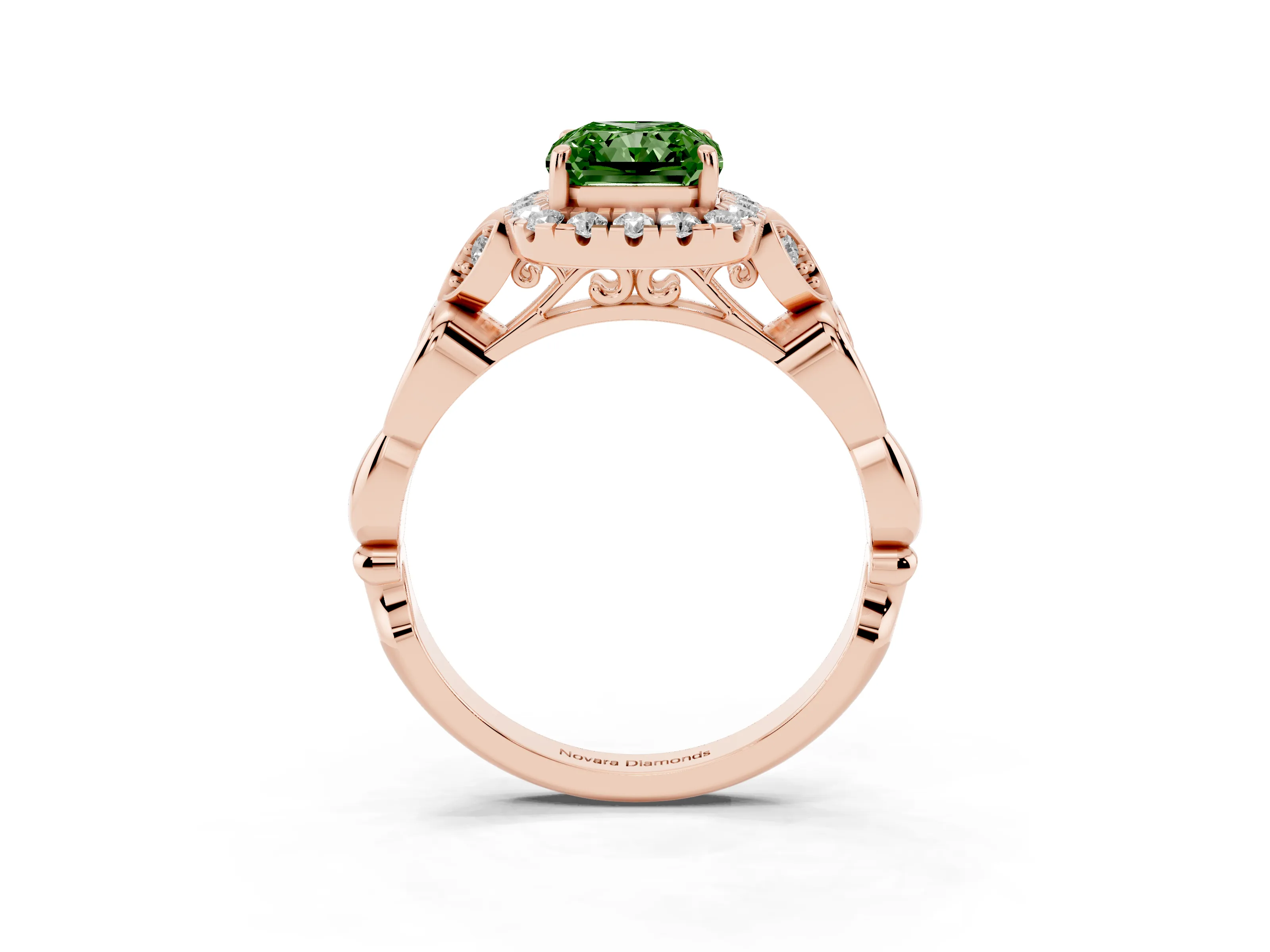 Fancy Green Radiant Cut Diamond Halo Engagement Ring Set in Rose gold with Vintage-Inspired Band and Prong Setting