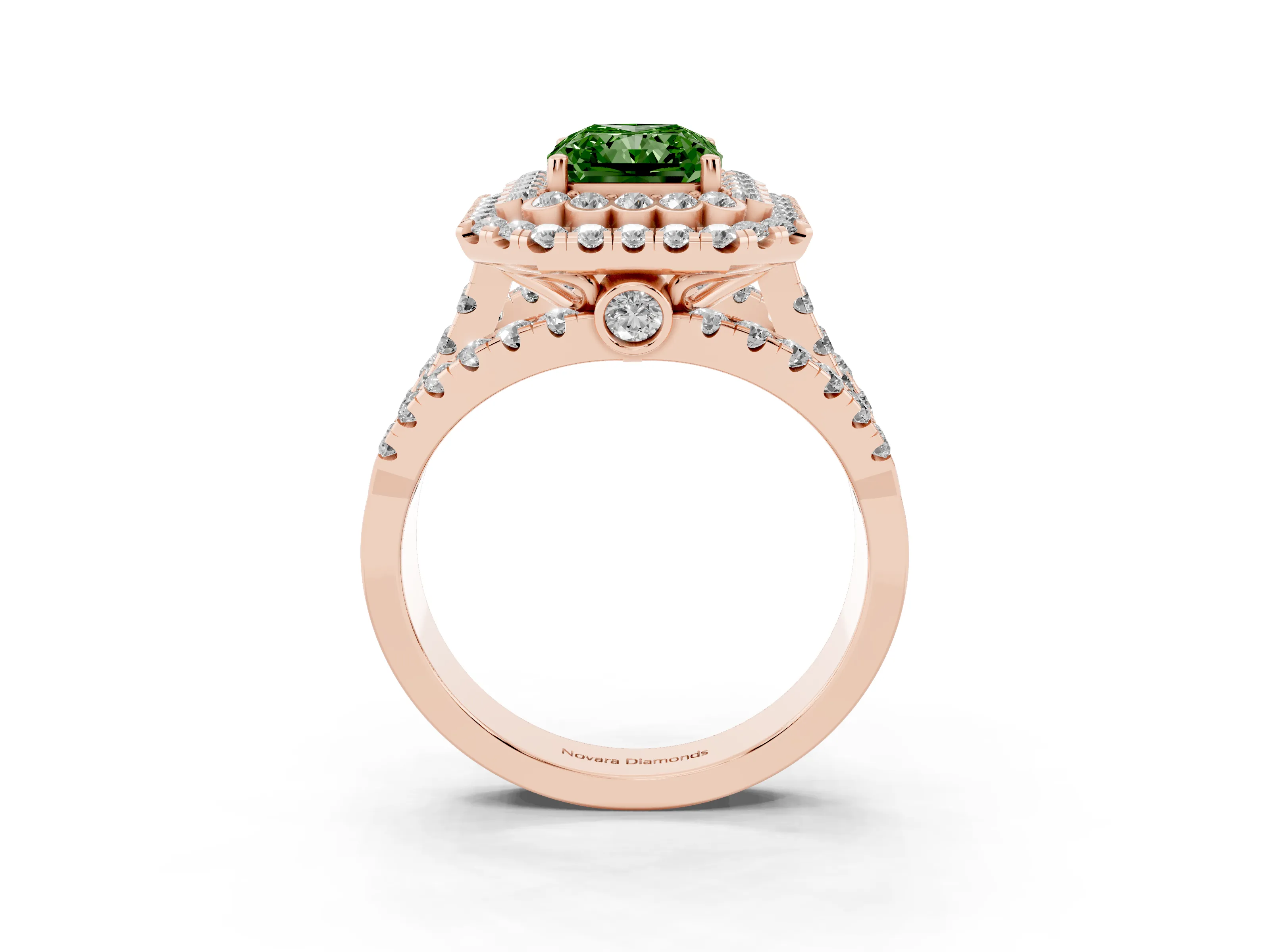 Fancy Green Radiant Cut Diamond Double Halo Ring Set in Rose gold with Round Pavé Split Shank