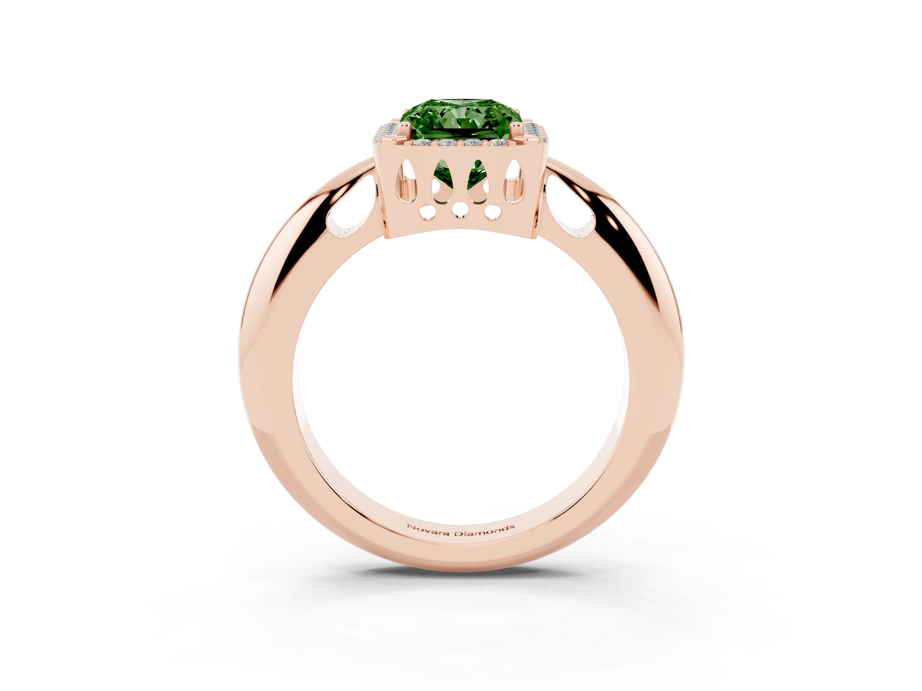 Fancy Green Radiant Cut Diamond Halo Engagement Ring Set in Rose gold with Plain Split Shank and Prong Setting